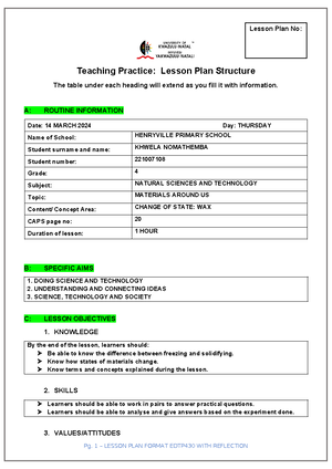 Mathematics Lesson Plan EDTP 321 2024 - Teaching Practice: Lesson Plan ...