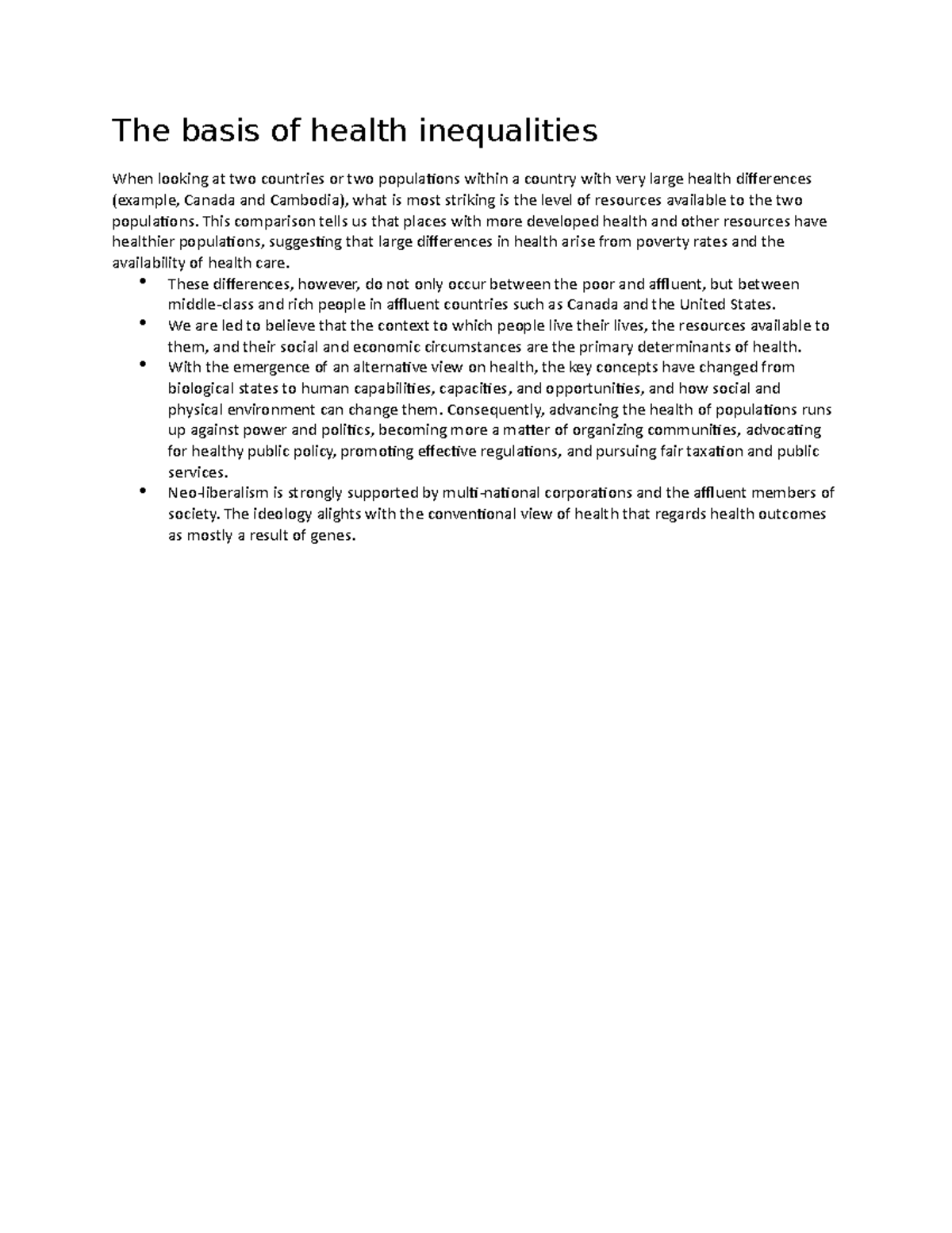 HLTH 101 Notes 4 - The basis of health inequalities When looking at two ...