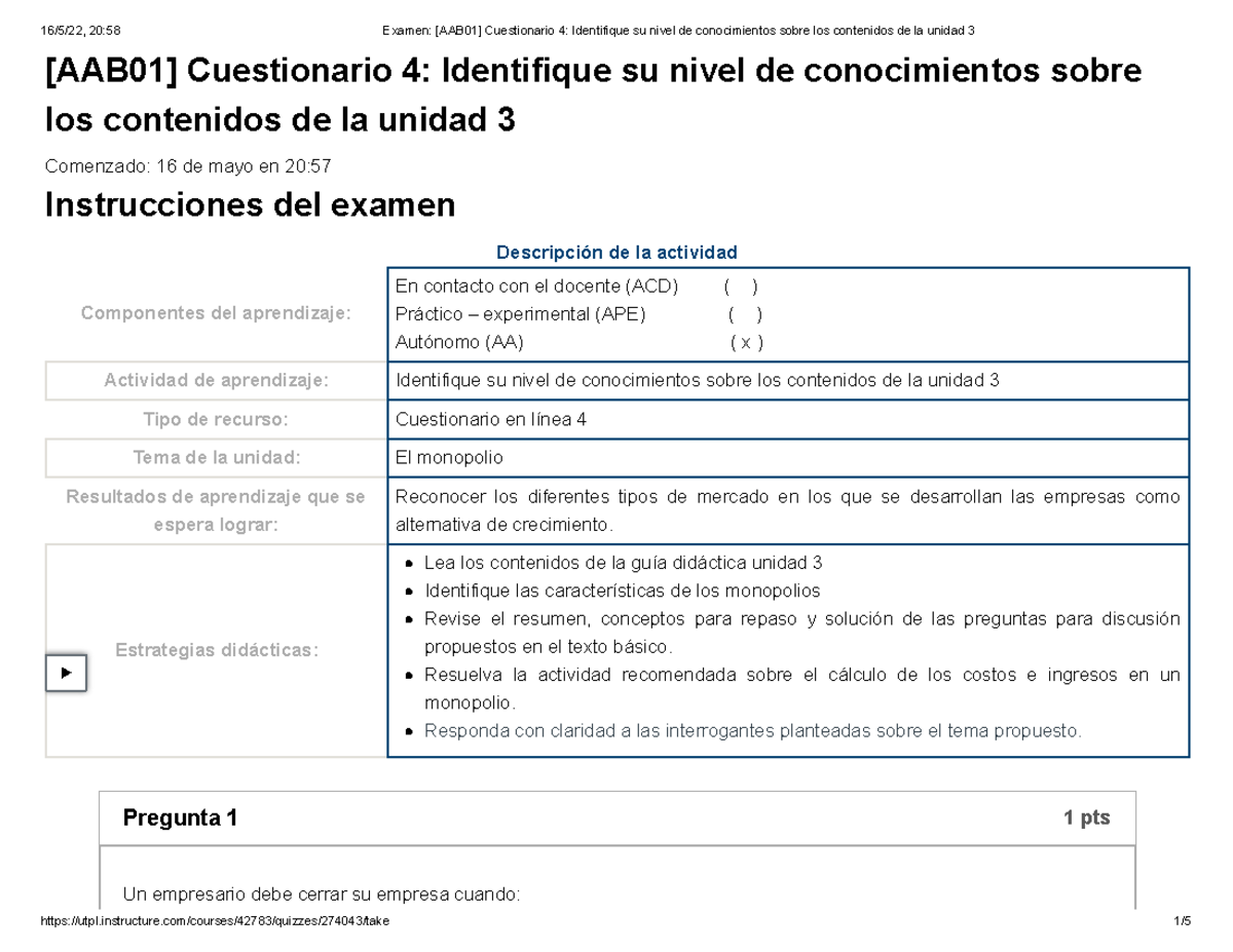 Examen [AAB01] Cuestionario 4 Identifique Su Nivel De Conocimientos ...