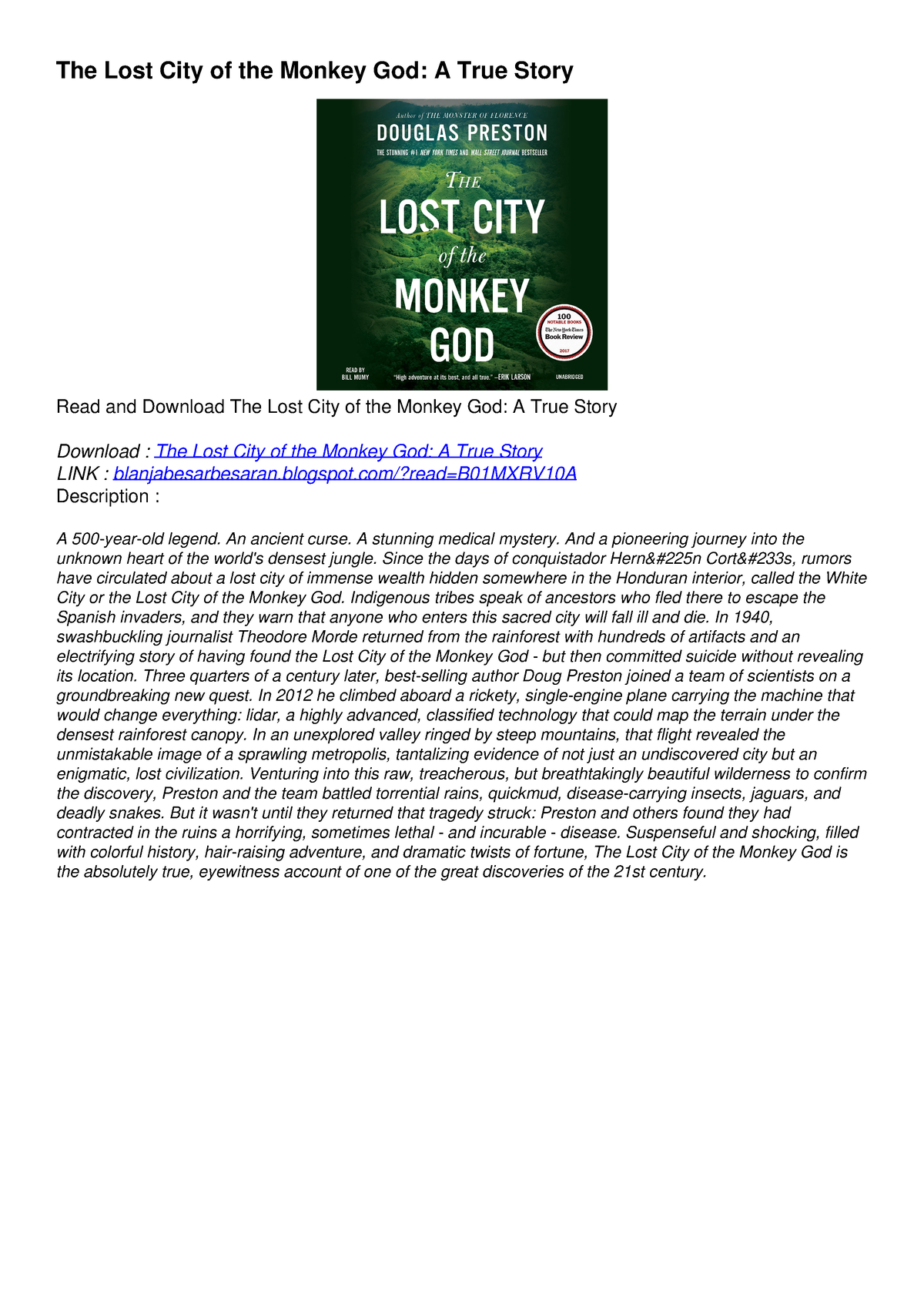 READ [PDF] The Lost City of the Monkey God: A True Story full - The ...