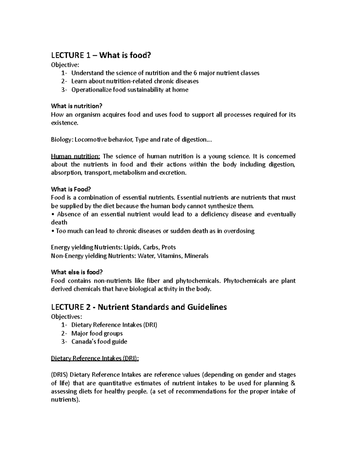 BIOL 203 Final review - LECTURE 1 – What is food? Objective: 1 ...