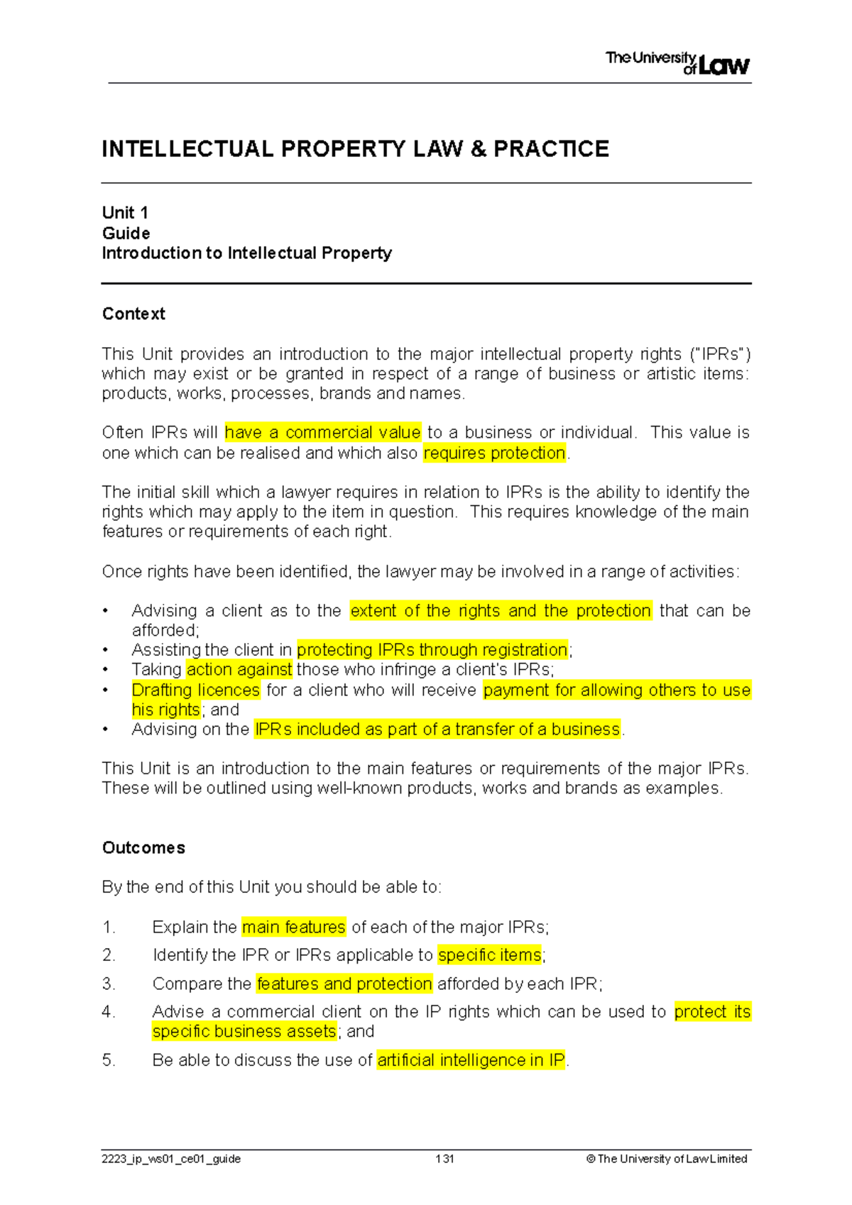 1. Workshop 1 Guide - INTELLECTUAL PROPERTY LAW & PRACTICE Unit 1 Guide ...