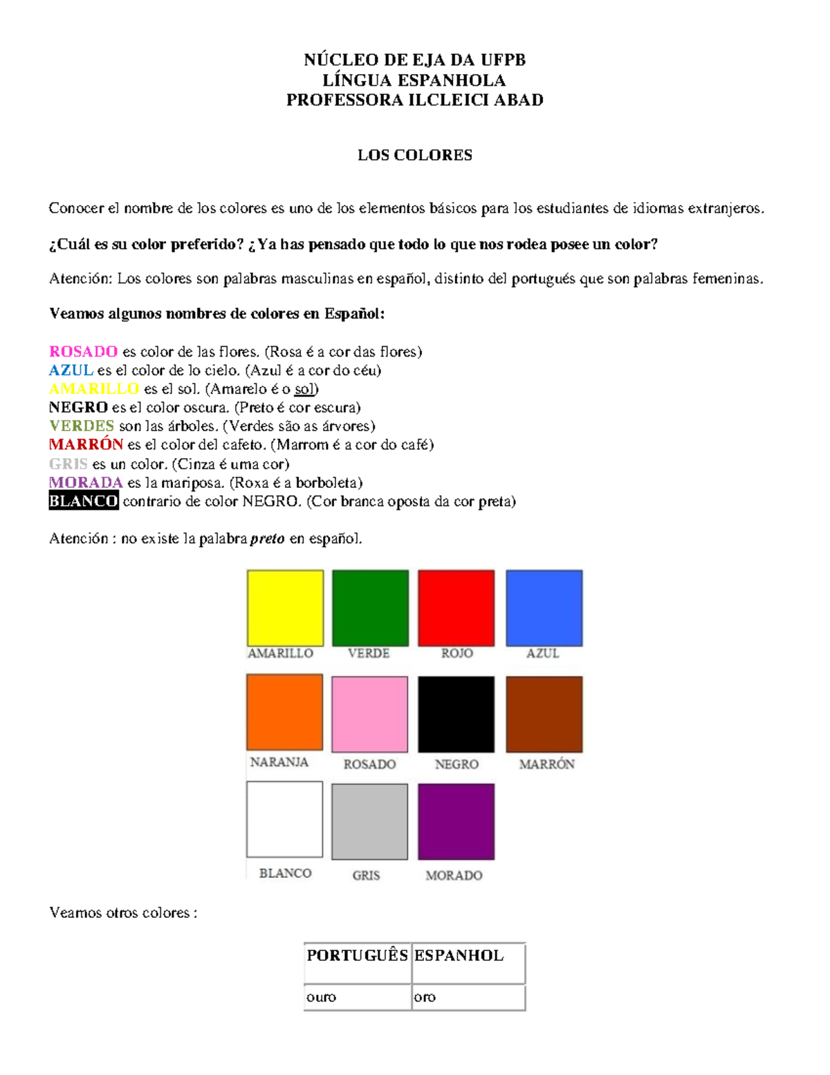 AULA DE Espanhol - LOS Colores Y LOS DÍAS DE LA Semana - NÚCLEO DE EJA ...