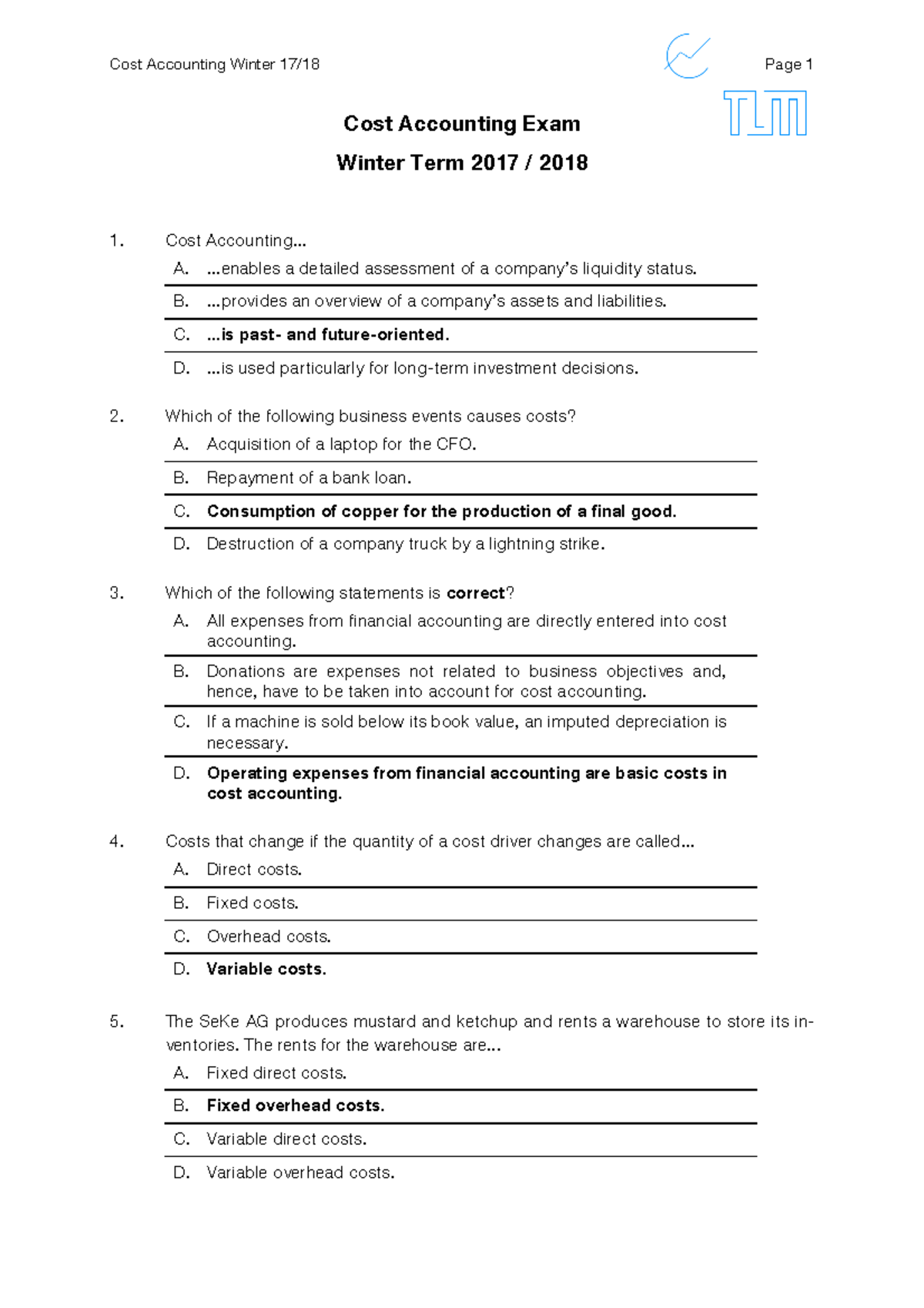 WS1718 with solutions - Cost Accounting Exam Winter Term 2017 / 2018 ...