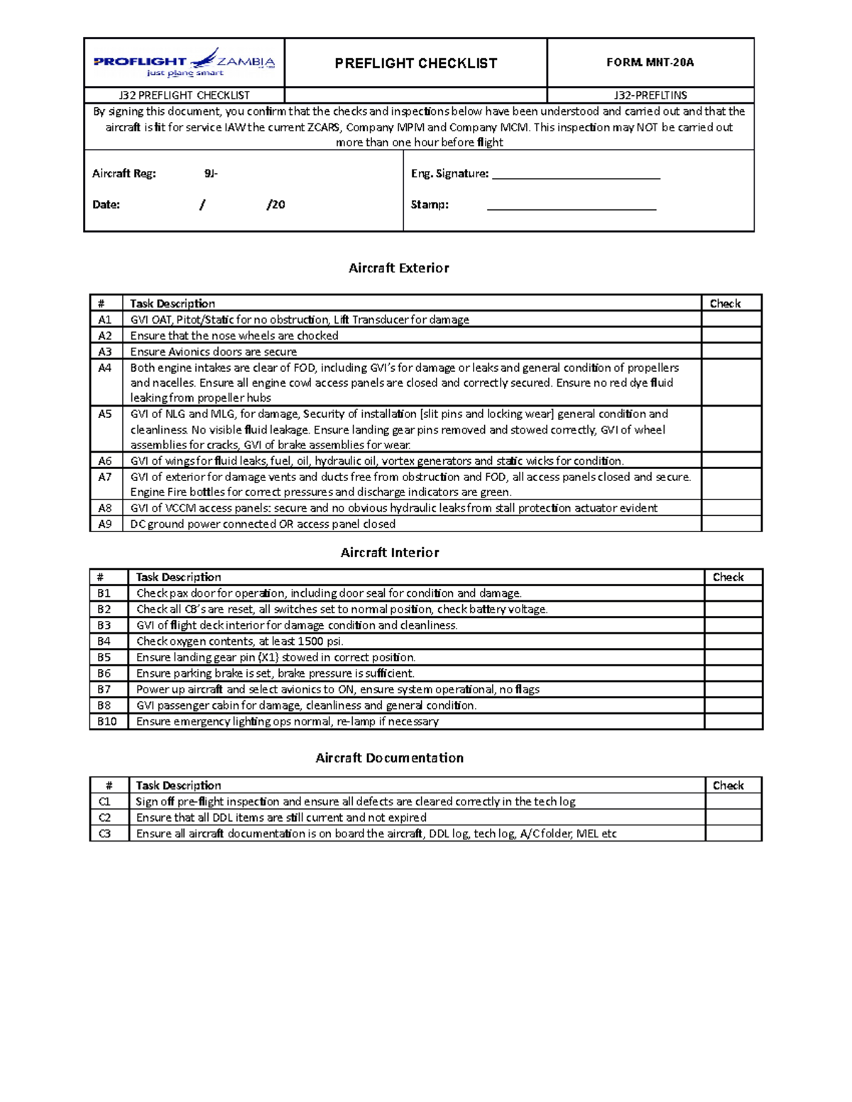 J32 Preflight Checklist - PREFLIGHT CHECKLIST FORM. MNT-20A J32 ...