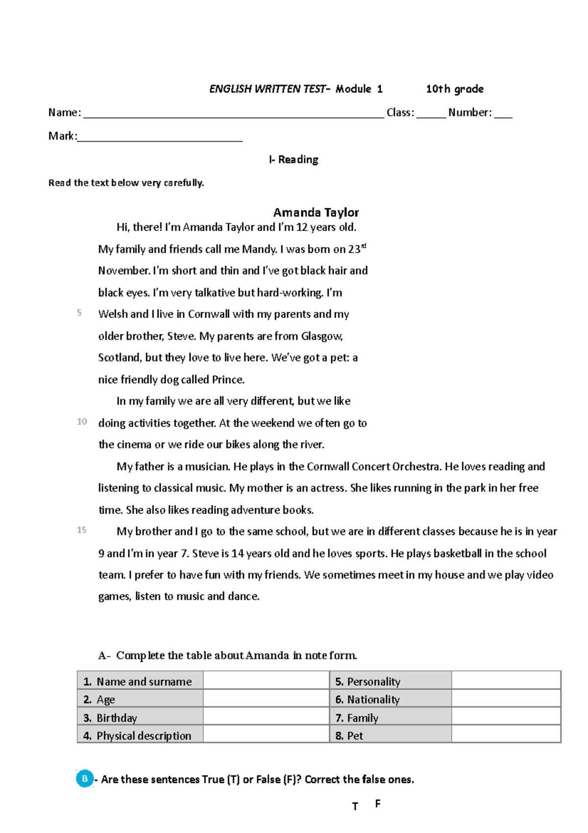 1 test M1 - Test on Personal information - ENGLISH WRITTEN TEST– Module ...