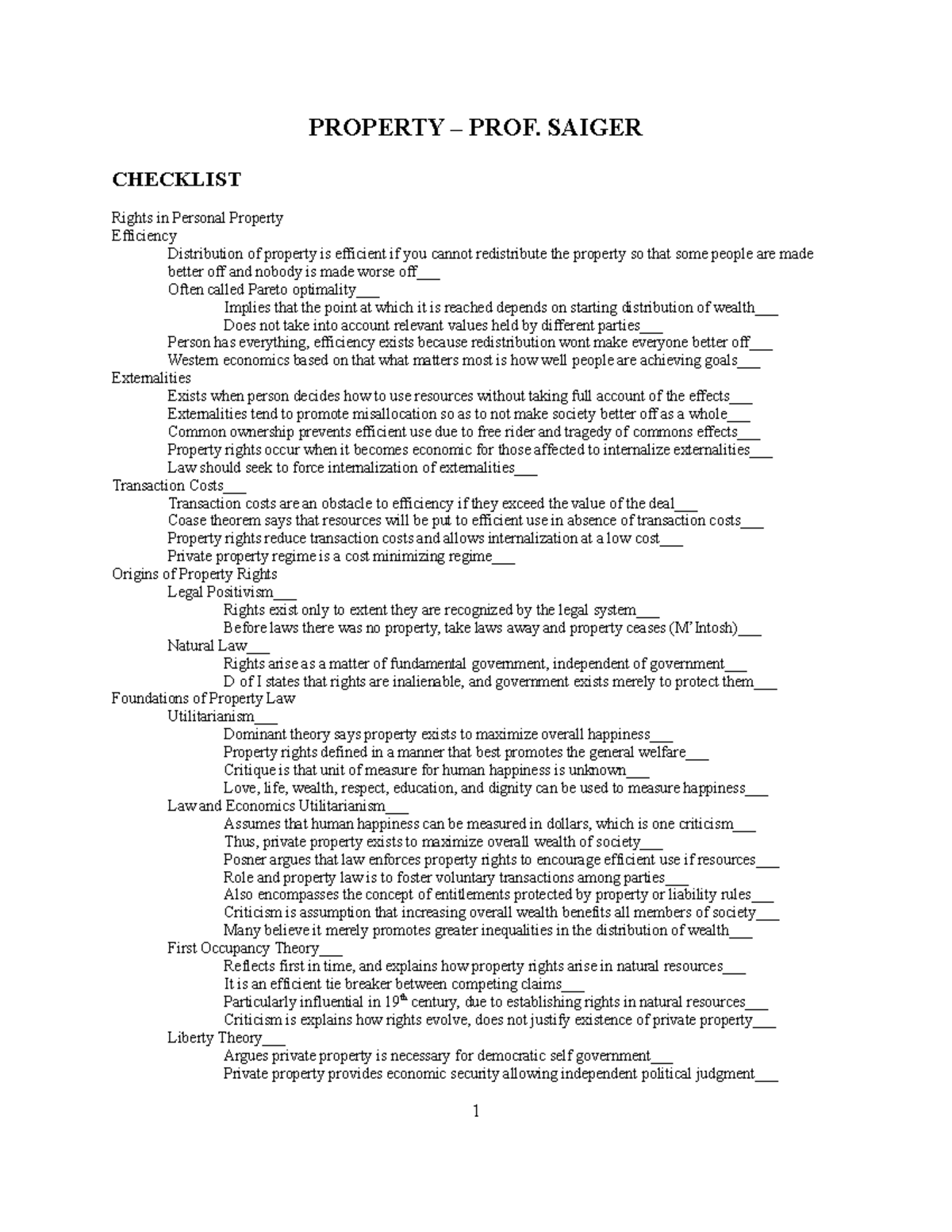 Saiger - Property 2016 - PROPERTY – PROF. SAIGER CHECKLIST Rights in ...