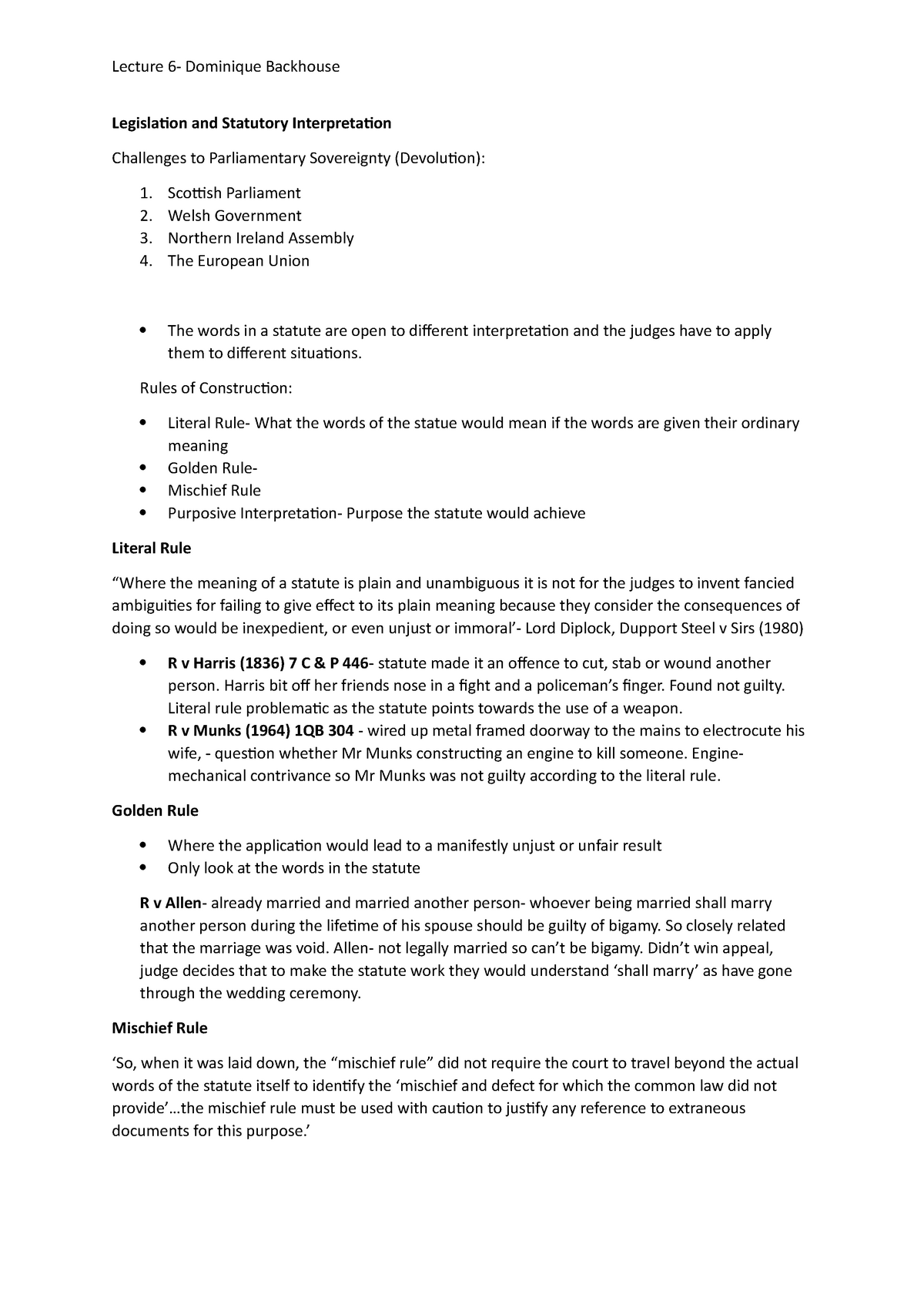 Lecture 6 - Lecture 6- Dominique Backhouse Legislation and Statutory ...