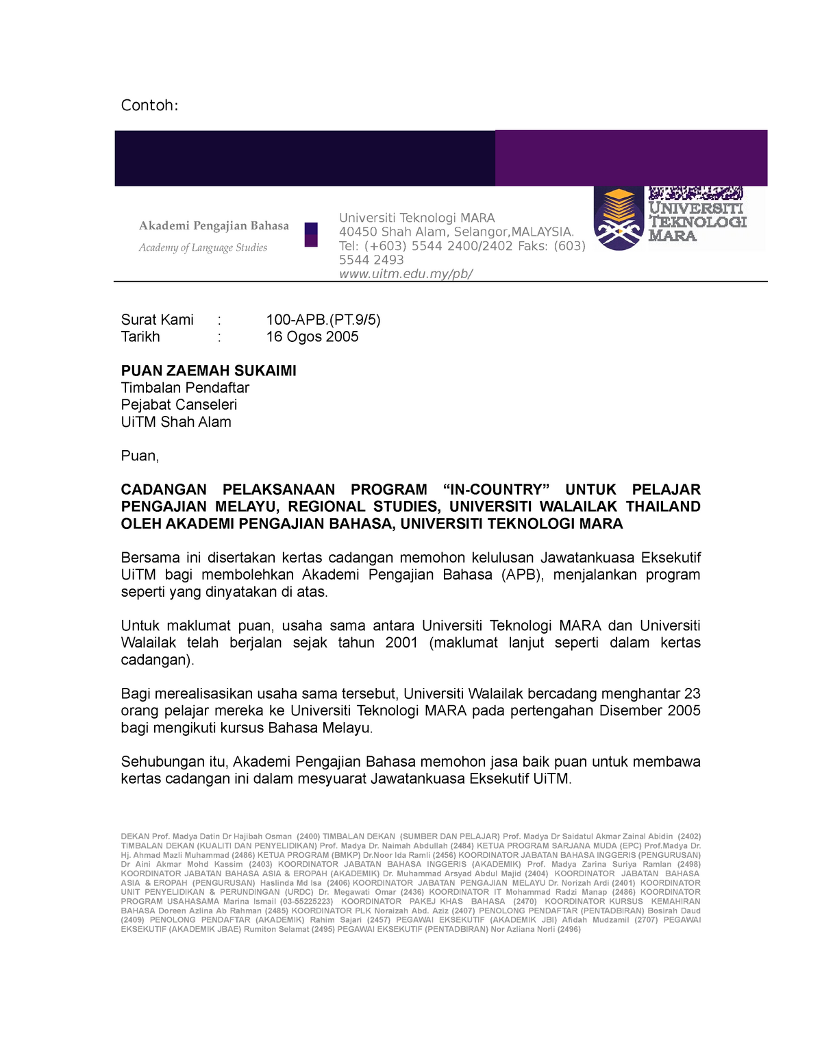 Contoh Surat Rasmi Baru Contoh Universiti Teknologi Mara 40450 Shah Alam Selangor Malaysia Studocu