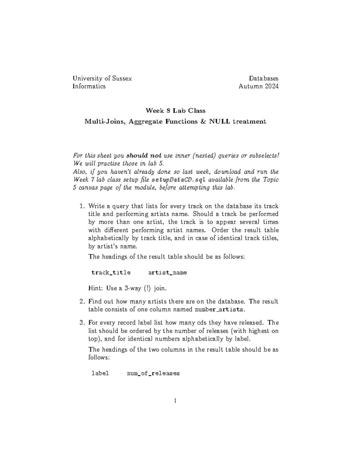 Week8 - work - University of Sussex Databases Informatics Autumn 2024 ...