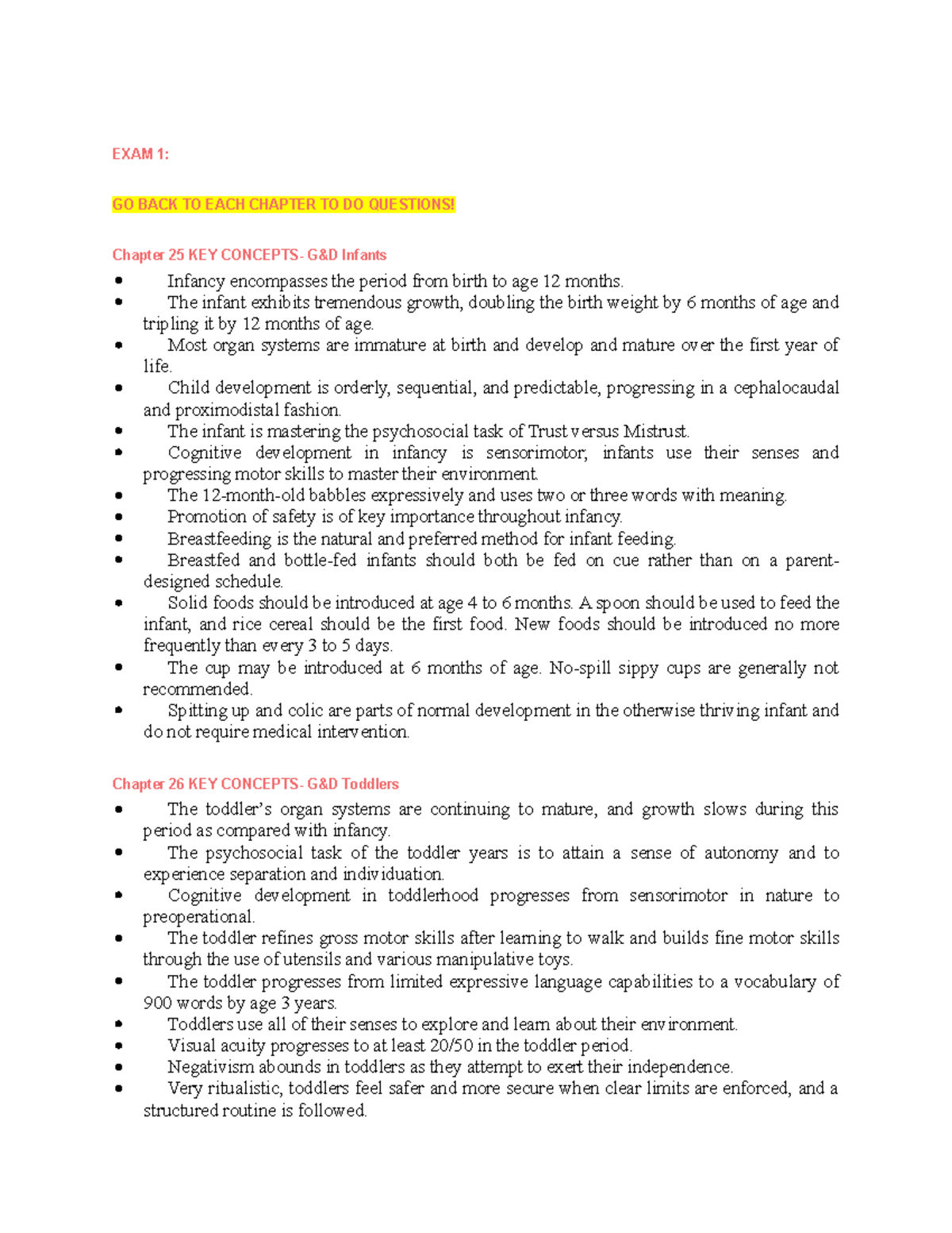 Key concepts Maternity and Pediatric Nursing EXAM 1 GO BACK TO