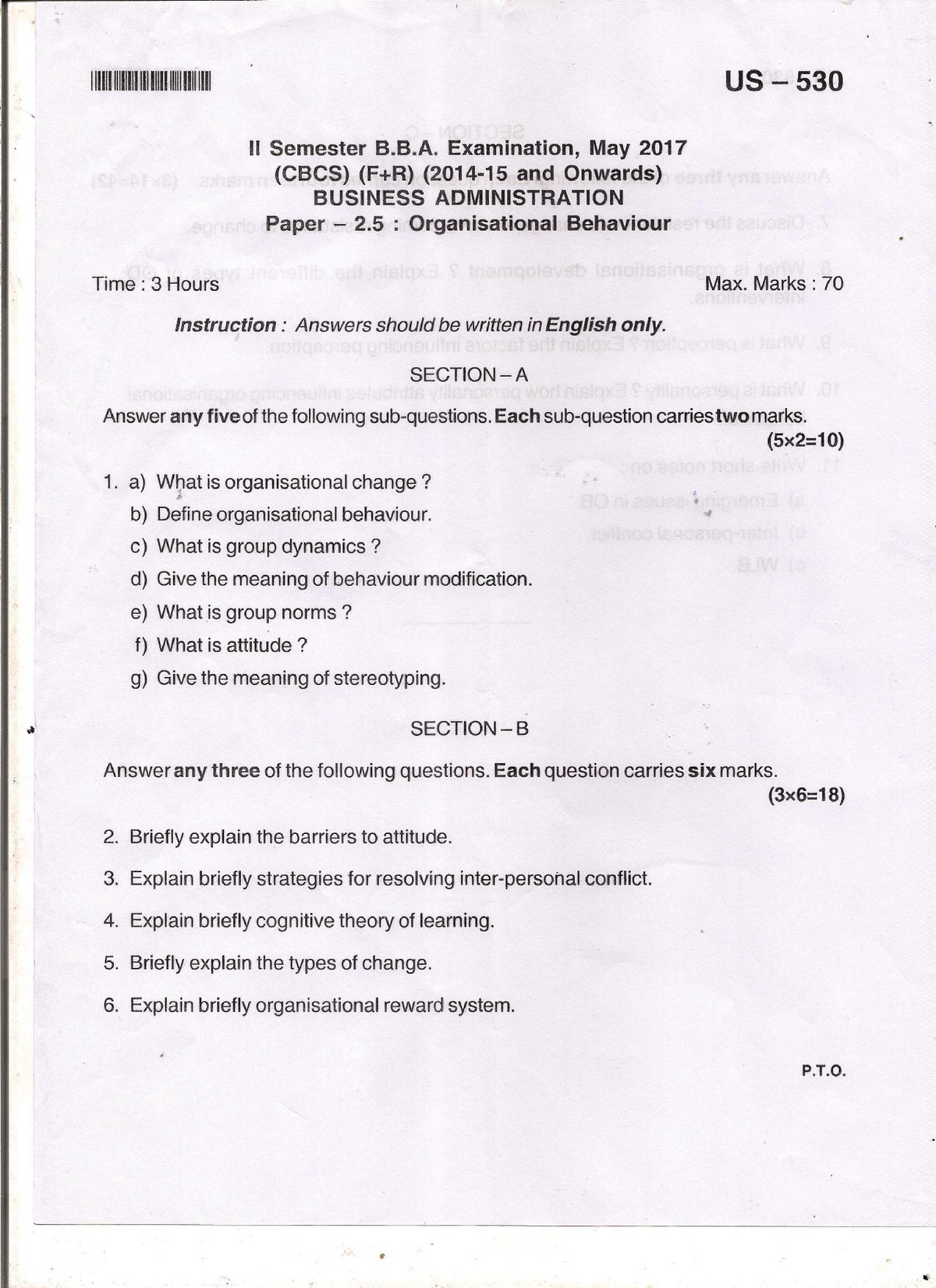 Exam May 2017, Questions - 1 US 530 Ll Semester B.B. Examination, May ...