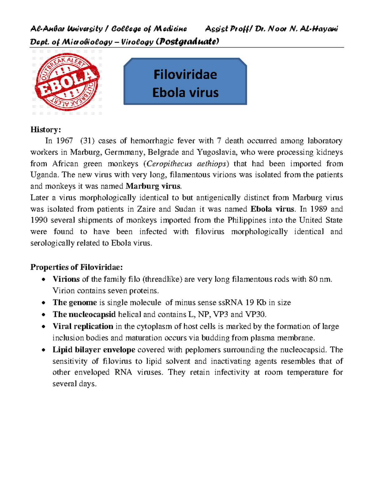 Filoviridae Ebola virus - Al-Anbar University / College of Medicine ...