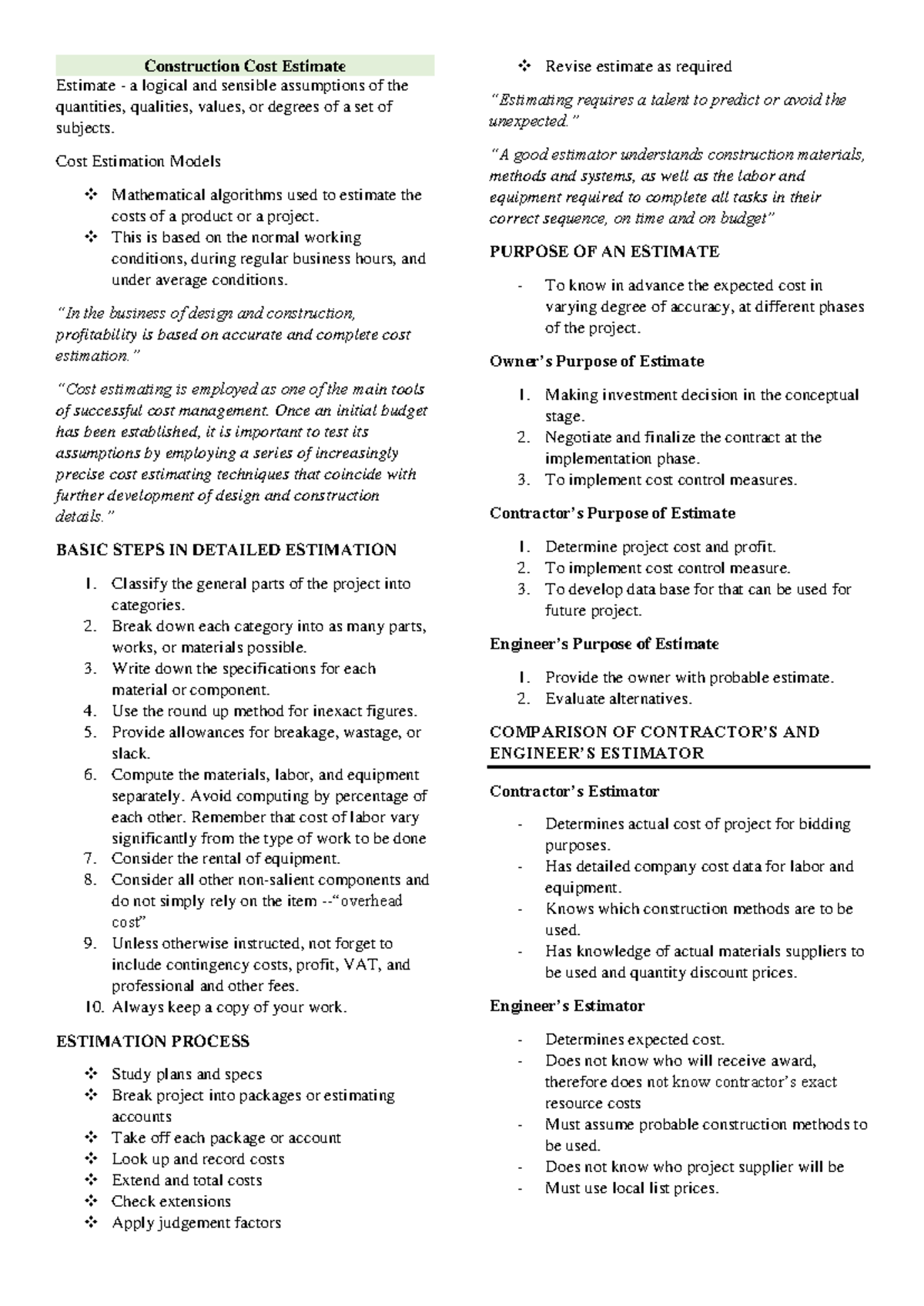 Quantity Surveying - Construction Cost Estimate Estimate - a logical ...