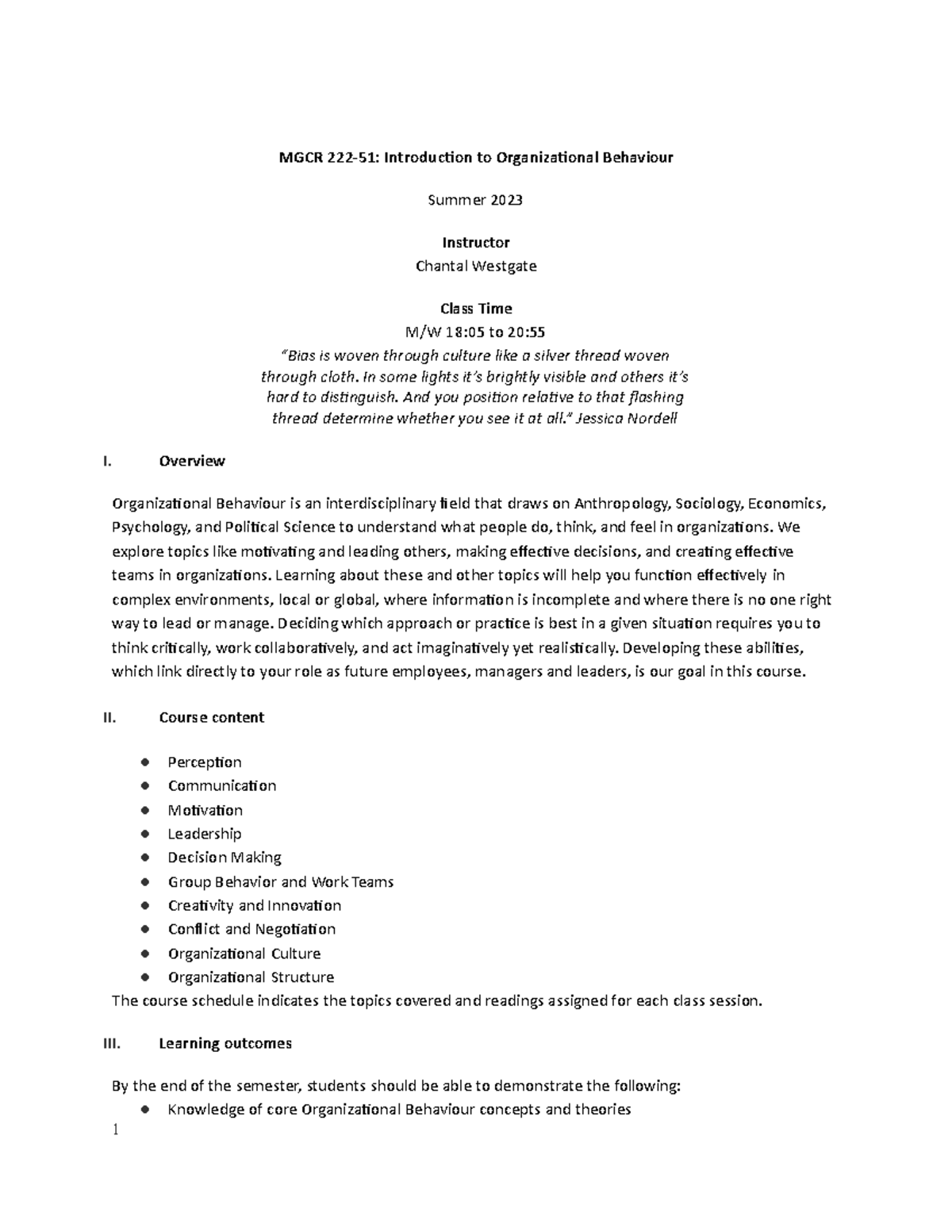 Course Outline - MGCR 222-51: Introduction To Organizational Behaviour ...