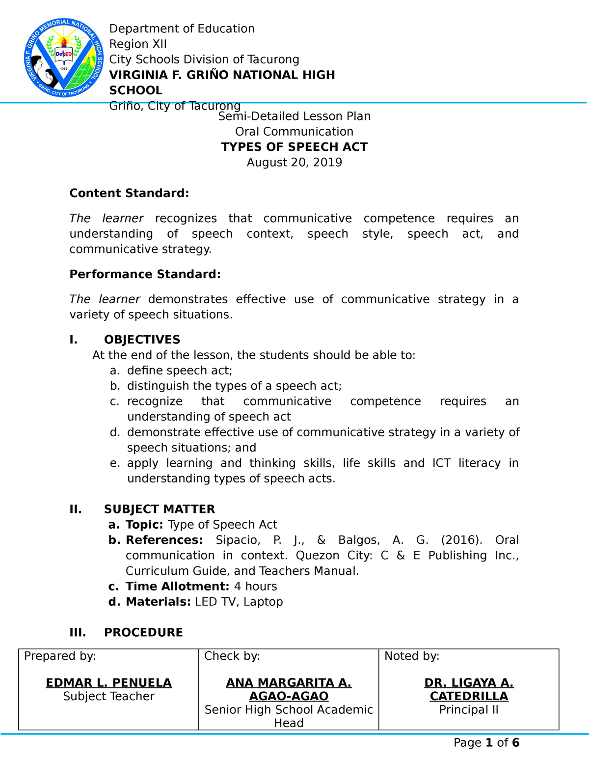 442599054 Lesson PLAN Types OF Speech ACT Docx Semi Detailed Lesson 