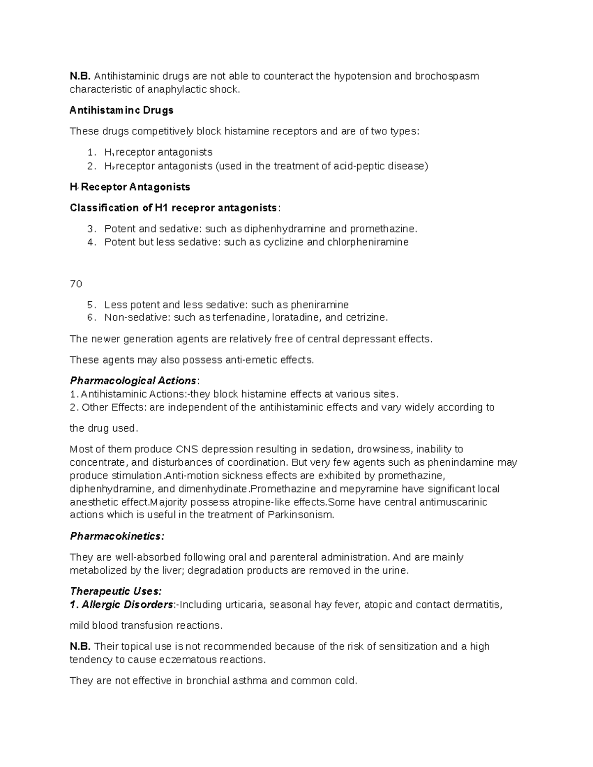 Pharmacology notes 27 - N. Antihistaminic drugs are not able to ...