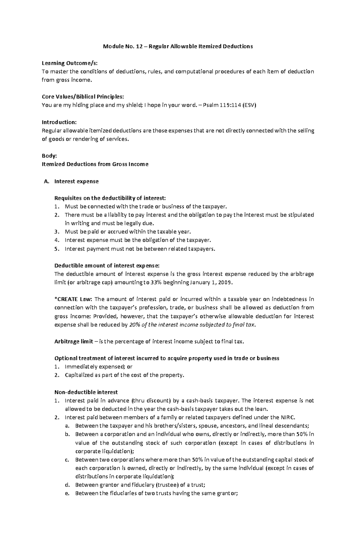 Module 10 - Regular Allowable Itemized Deductions - Module No. 12 ...