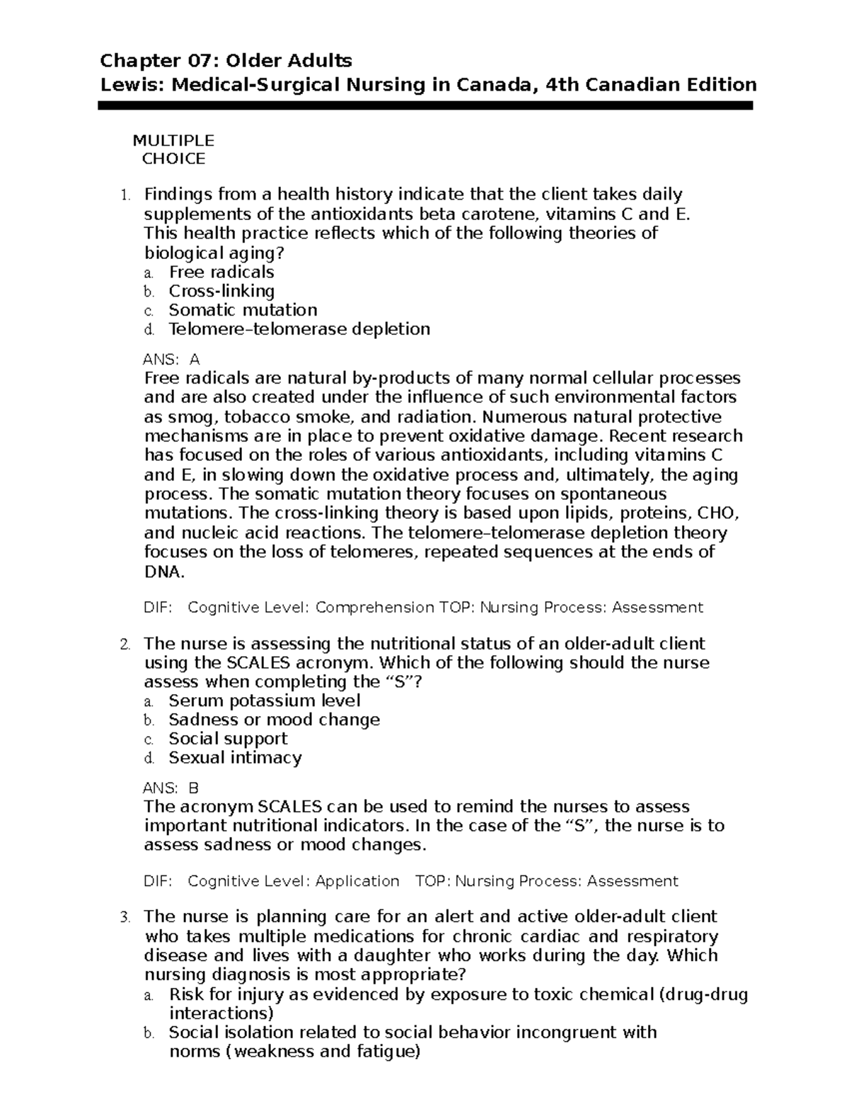 Quiz One practice questions medserg Chapter 07 Older Adults Lewis