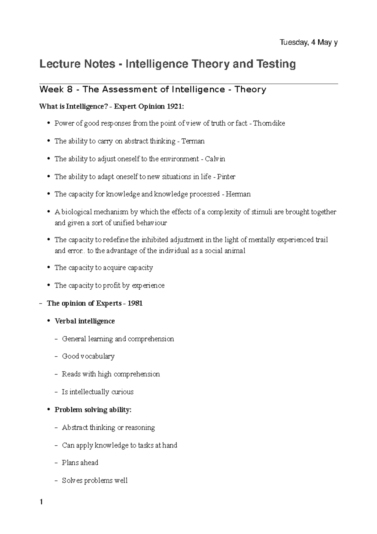 PSYU3332 - Lecture Notes Week 8-13 - Lecture Notes - Intelligence ...