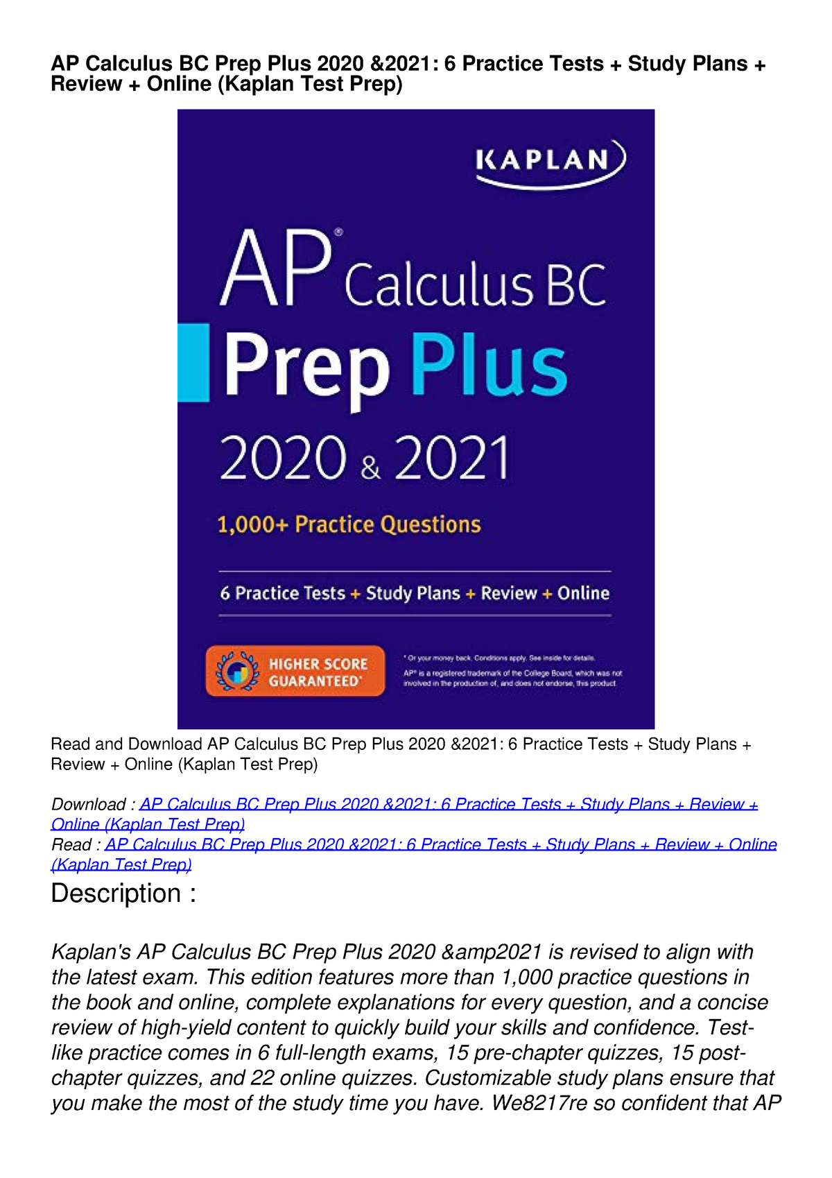 READ [PDF] AP Calculus BC Prep Plus 2020 2021: 6 Practice Tests + Study ...