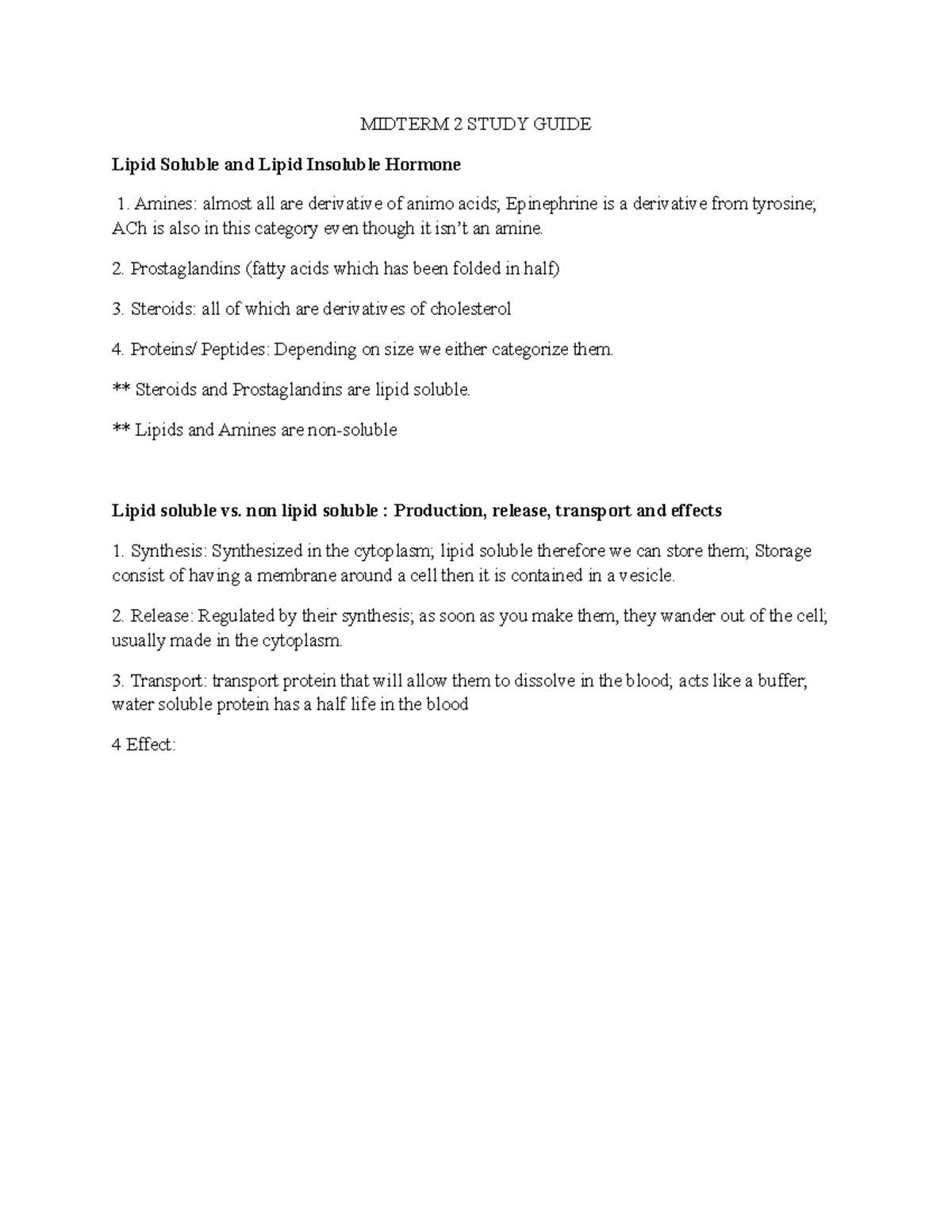 Midterm 2 Study Guide - MIDTERM 2 STUDY GUIDE Lipid Soluble And Lipid ...