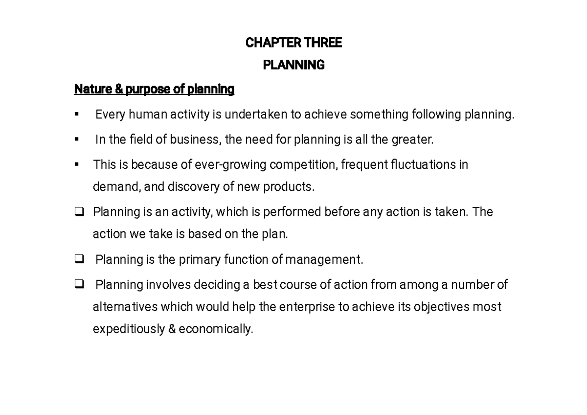 Management chapter 3 - New - CHAPTER THREE PLANNING Nature & purpose of ...