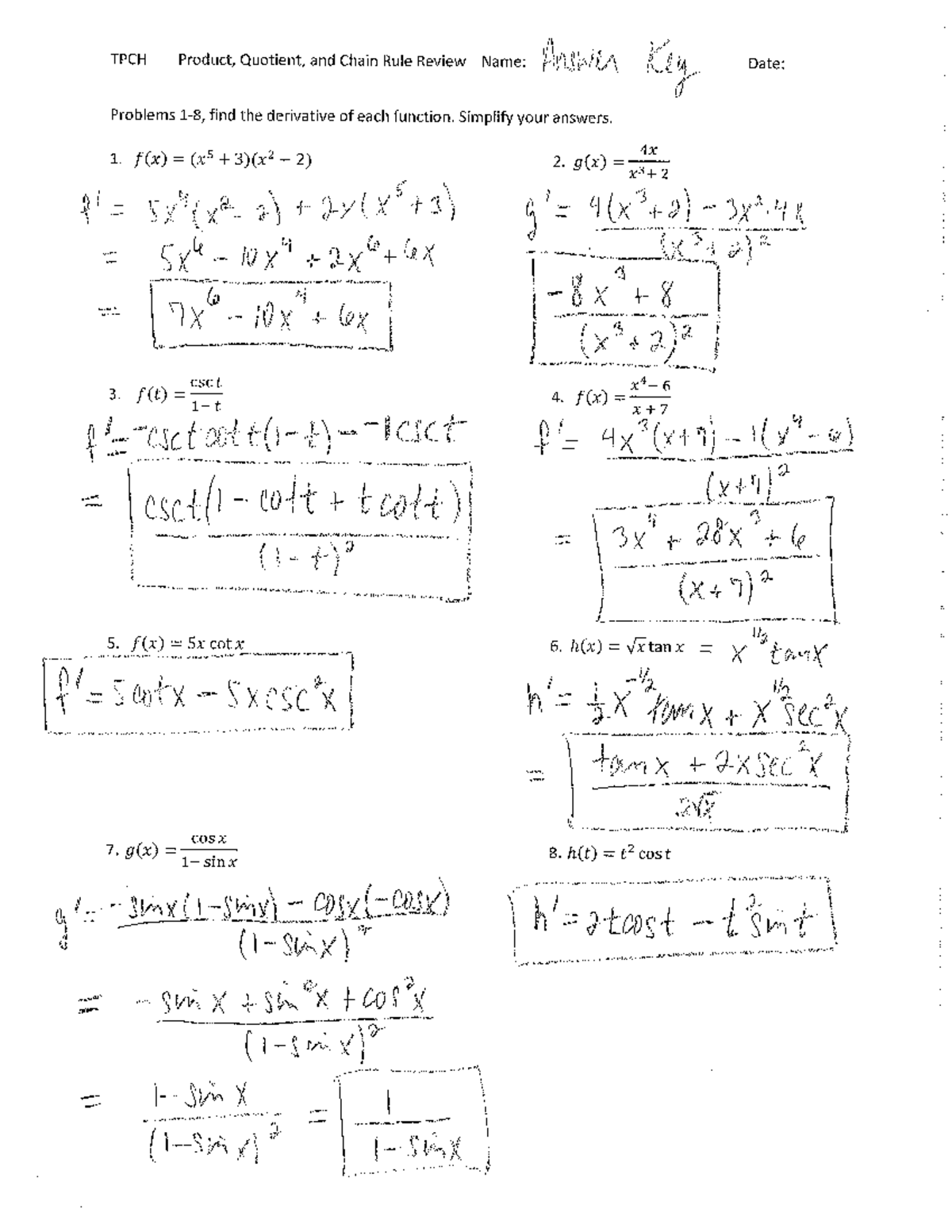 Product Quotient Chain Rule Quiz Review Answers - TPCH Product ...
