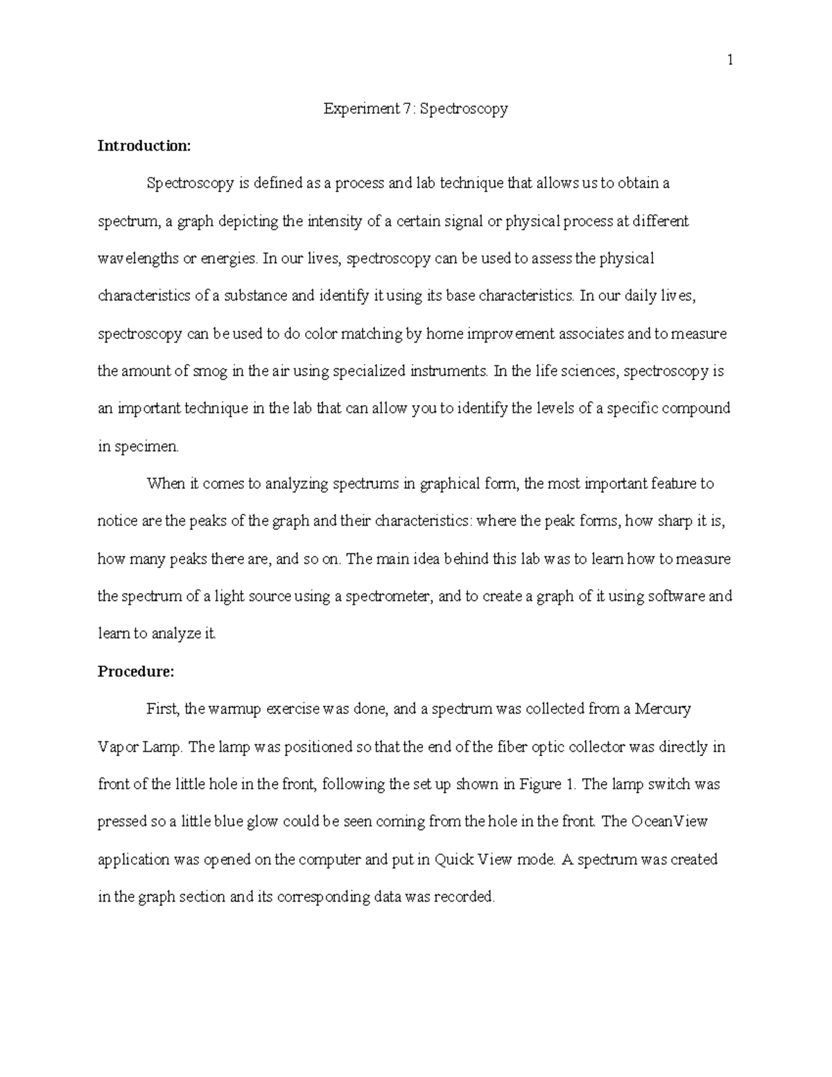 Lab Report 7 Spectroscopy Lab Report Experiment 7 Spectroscopy
