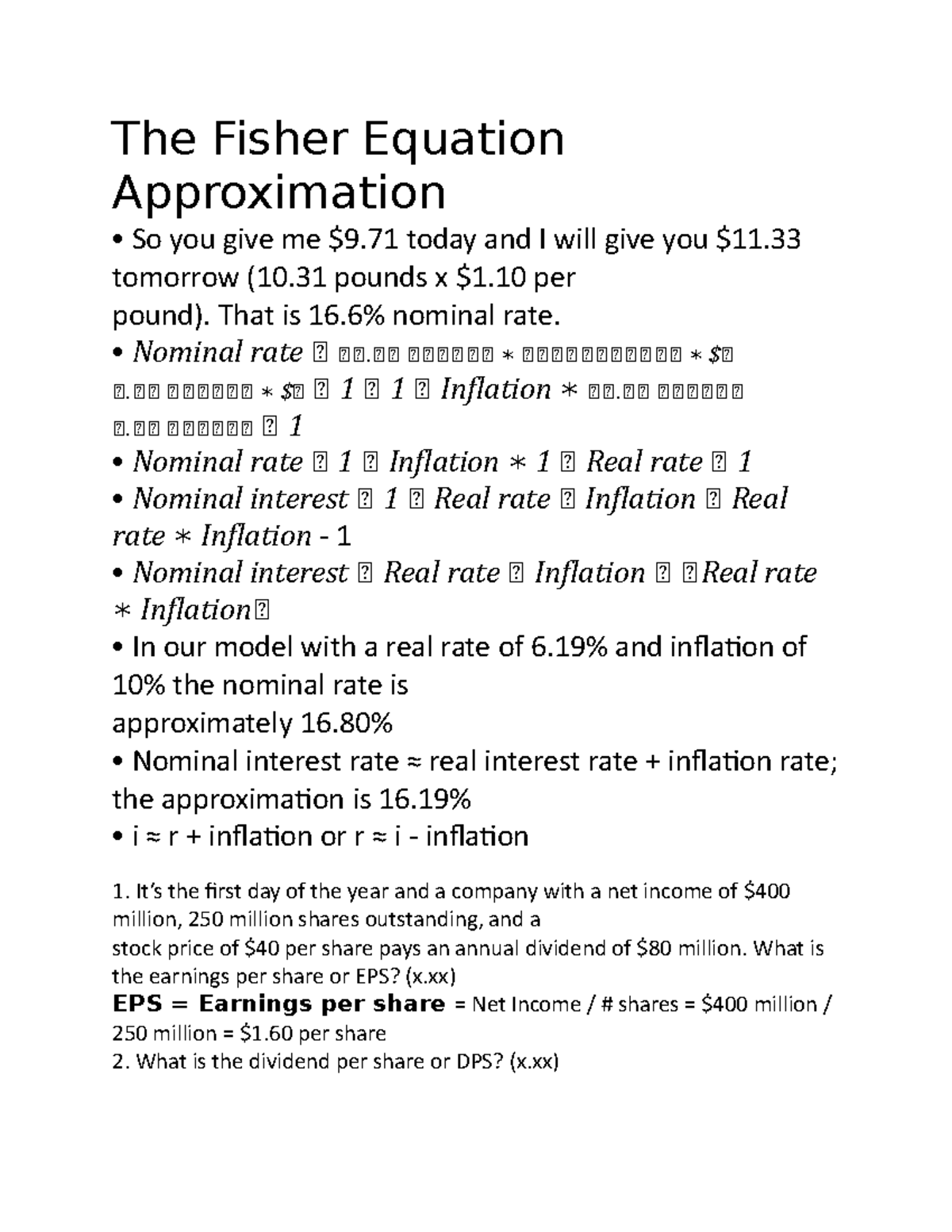 Notes #6 - The Fisher Equation Approximation • So you give me $9 today ...