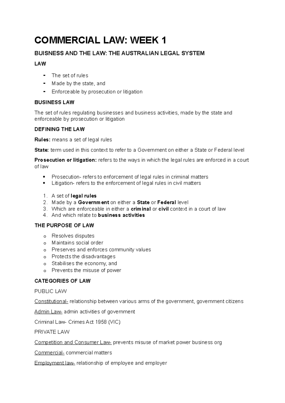 Commercial LAW WEEK 1 - Lecture notes 1 - COMMERCIAL LAW: WEEK 1 ...