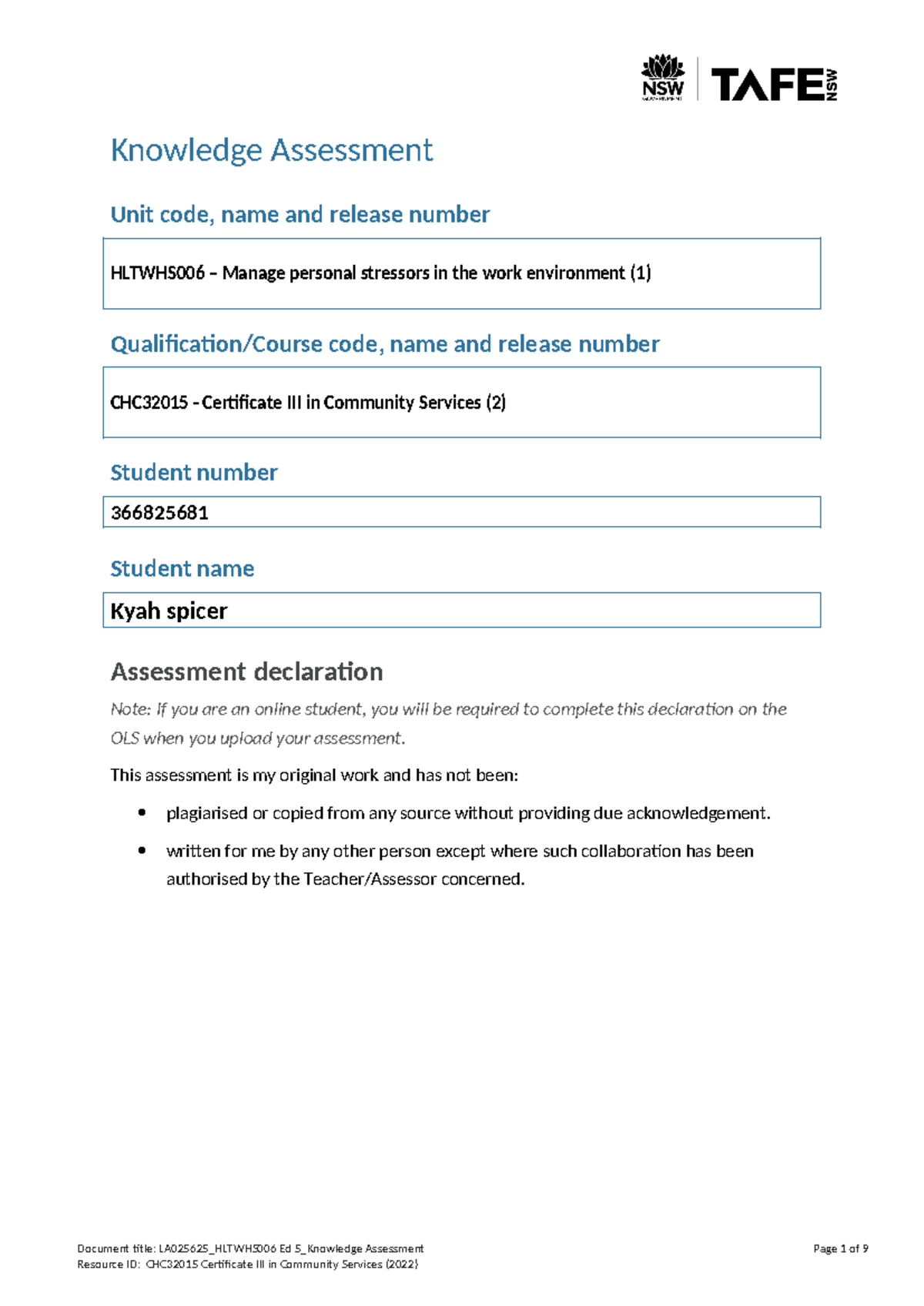 Assessment 3 submitted 08 - Knowledge Assessment Unit code, name and ...