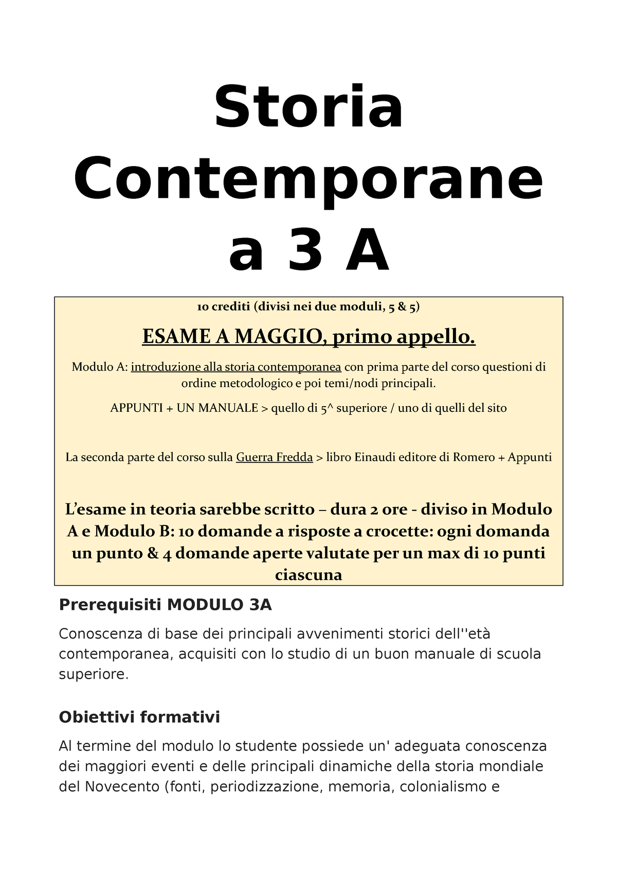 Appunti 3A - Prof. Scirocco - Storia Contemporane a 3 A 10 crediti (divisi  nei due moduli, 5 & - Studocu