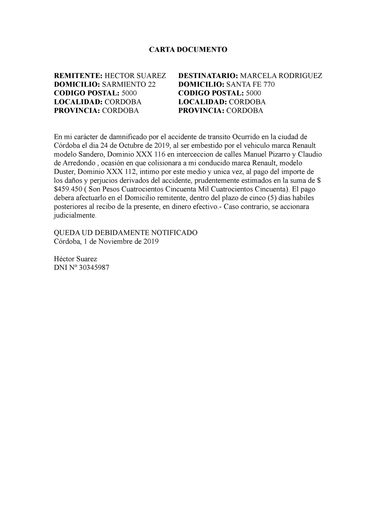 Carta Documento TP2 - CARTA DOCUMENTO REMITENTE: HECTOR SUAREZ DOMICILIO:  SARMIENTO 22 CODIGO - Studocu