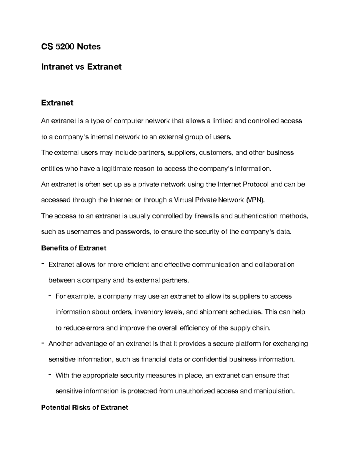 CS 5200 Notes - Intranet vs Extranet - CS 5200 Notes Intranet vs ...
