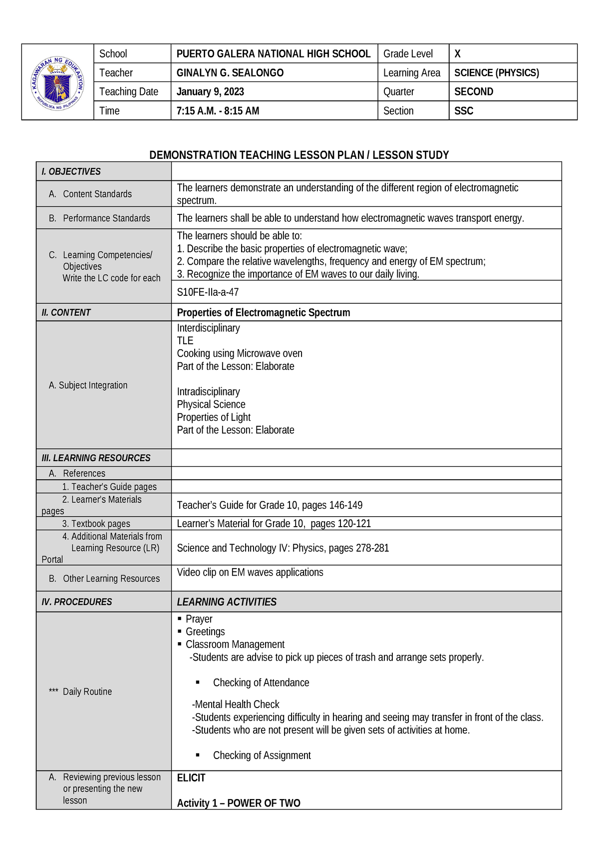 COT 2- EM Waves 2023 - Classroom Observation Lesson Plan - Teacher ...