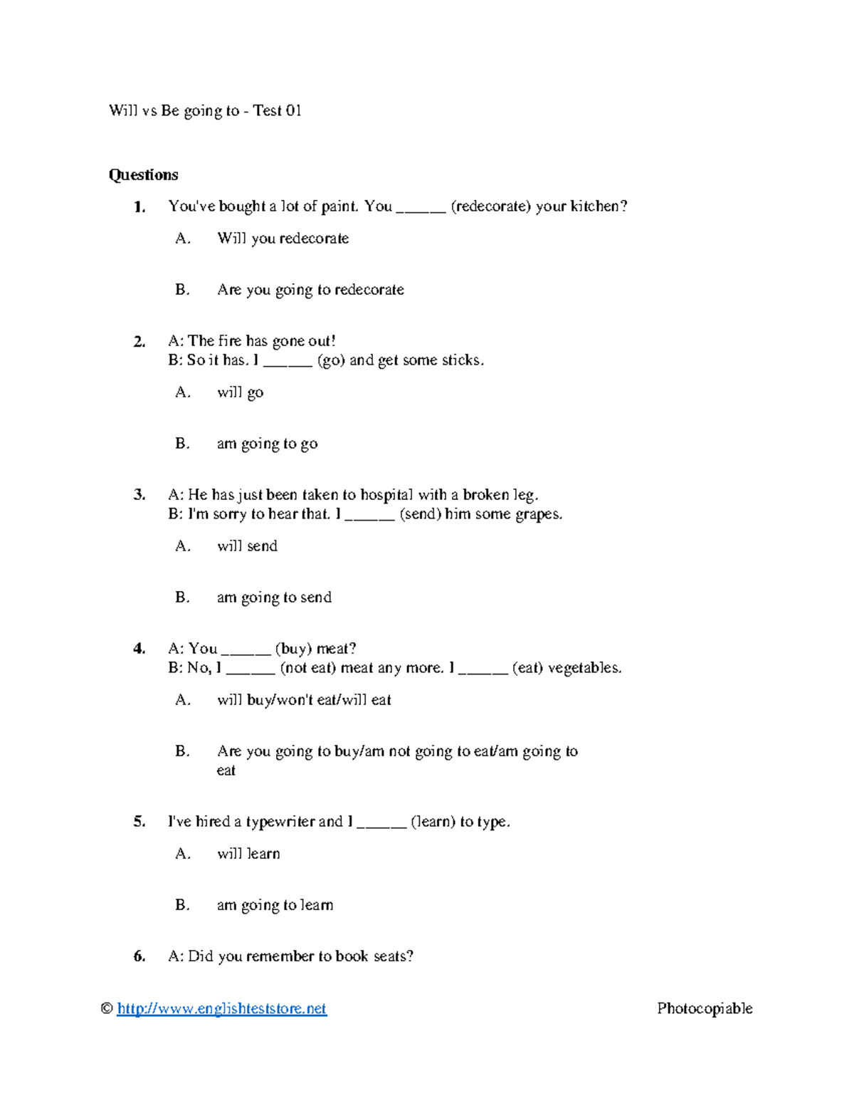 123doc Will Vs Be Going To Test 01 Englishteststore