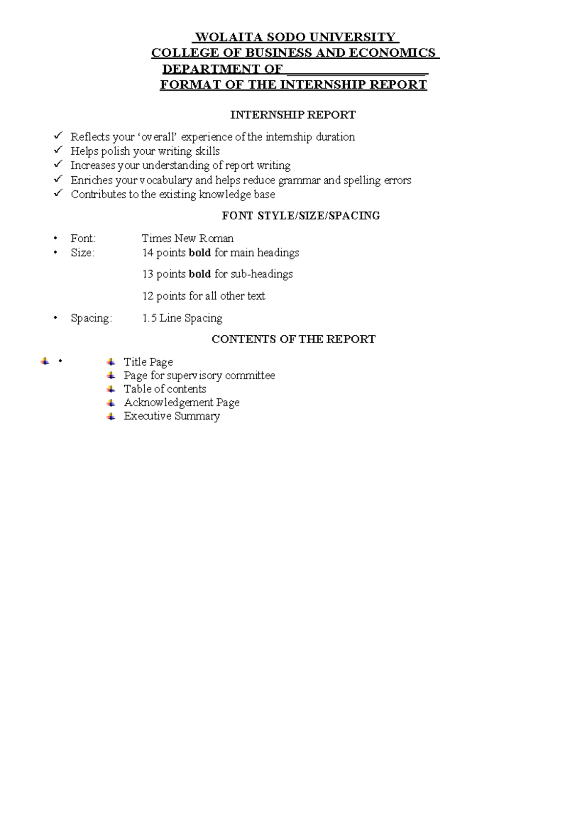 Internship Report Format - WOLAITA SODO UNIVERSITY COLLEGE OF BUSINESS ...