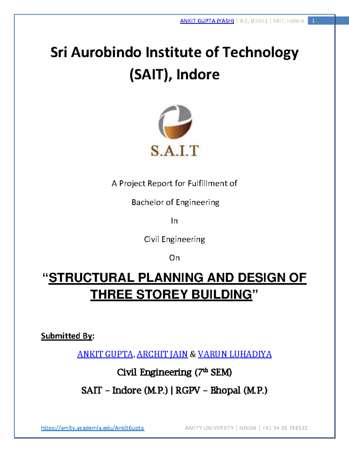 Structural planning and design of Three - Sri Aurobindo Institute of ...