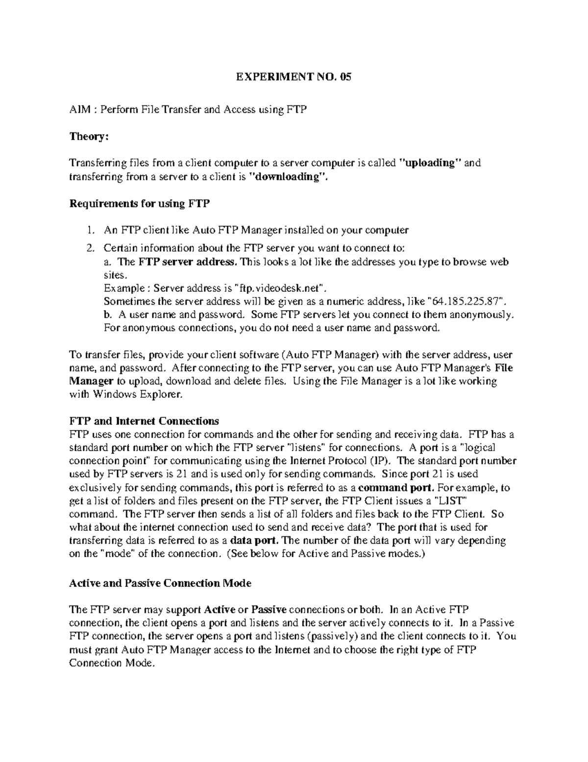 File Transfer and Access using FTP - EXPERIMENT NO. 05 AIM : Perform ...