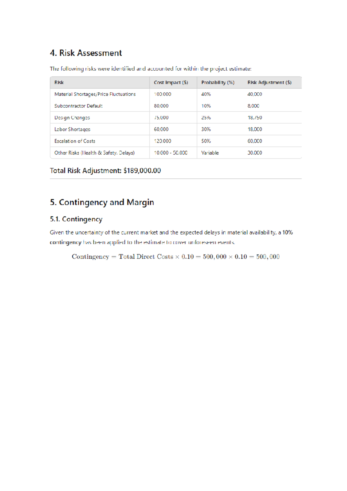 Calculating Estimating profit - 4. Risk Assessment The following risks ...