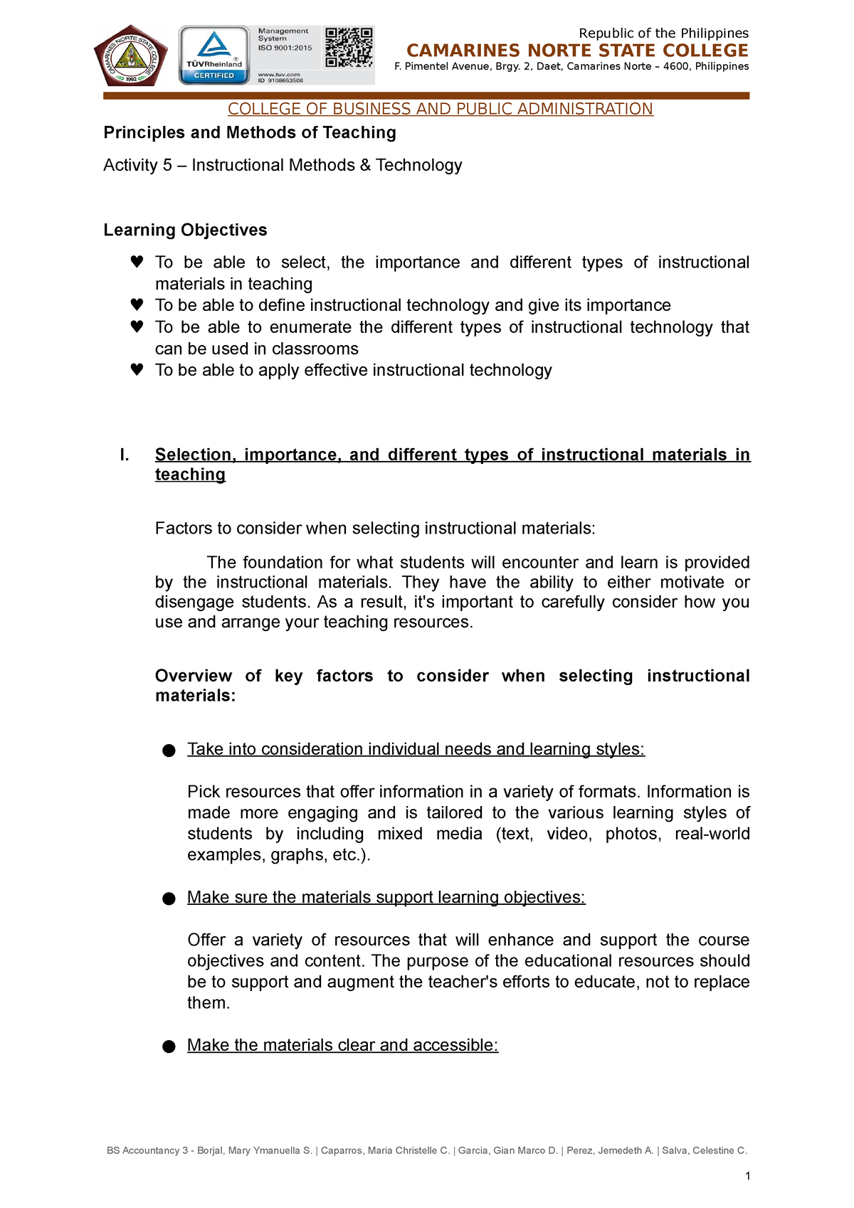 Making Instructional Materials Principles and Methods of Teaching