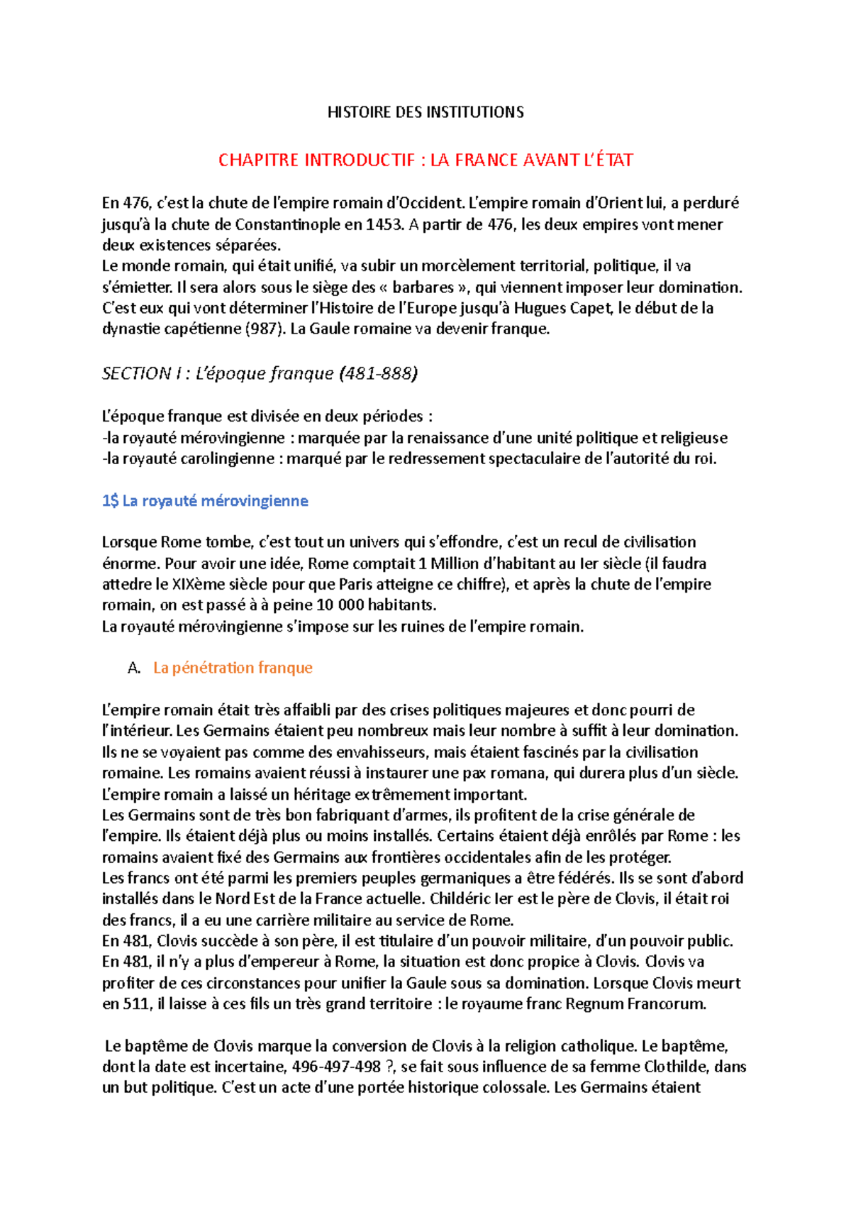 Le Baptême De Clovis Symbole Et Portée Dissertation Chapitre introductif copie - HISTOIRE DES INSTITUTIONS CHAPITRE INTRODUCTIF  : LA FRANCE AVANT L'ÉTAT - Studocu
