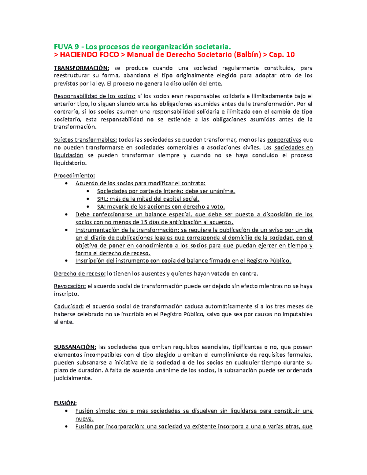 Derecho Societario - Resúmen Final - FUVA 9 - Los procesos de ...