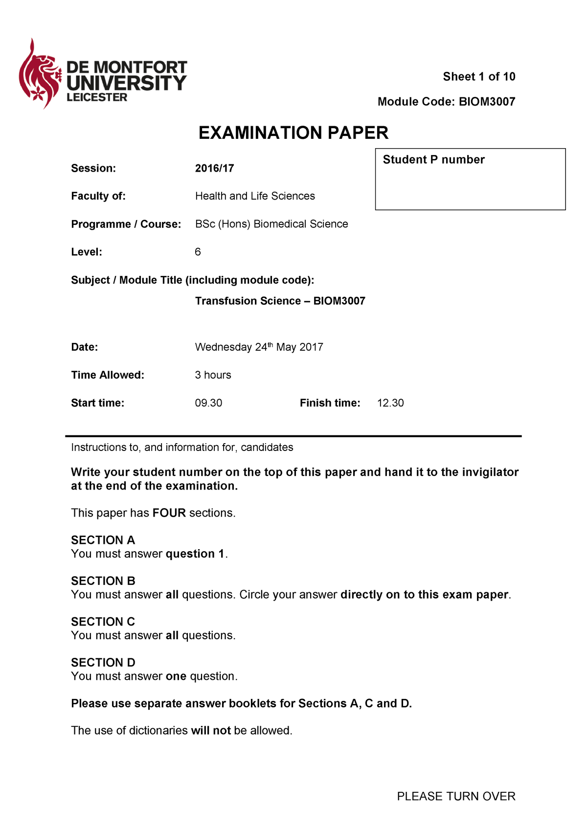 Biom Exam Module Code Biom Examination Paper Session