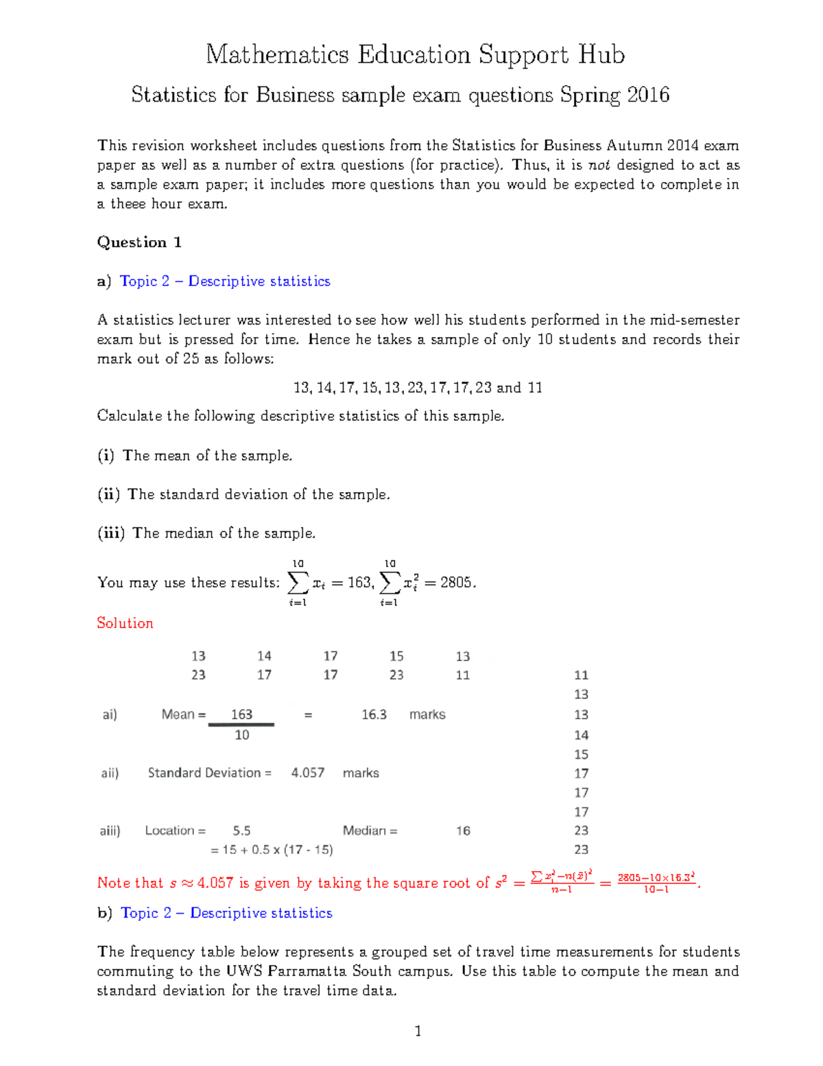 Exam 2016, answers - Mathematics Education Support Hub Statistics for ...