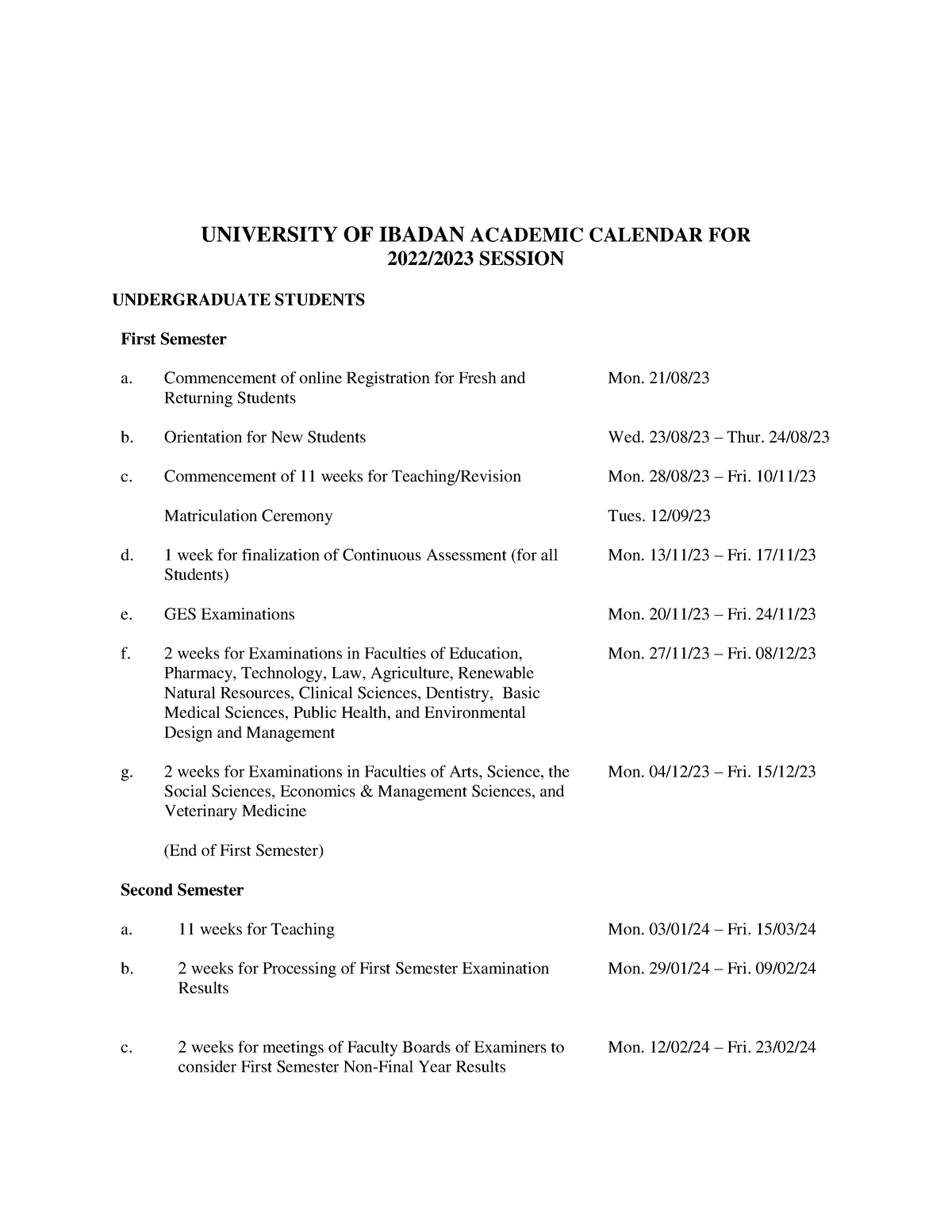 4641 Special Release UI Calendar University UNIVERSITY OF IBADAN