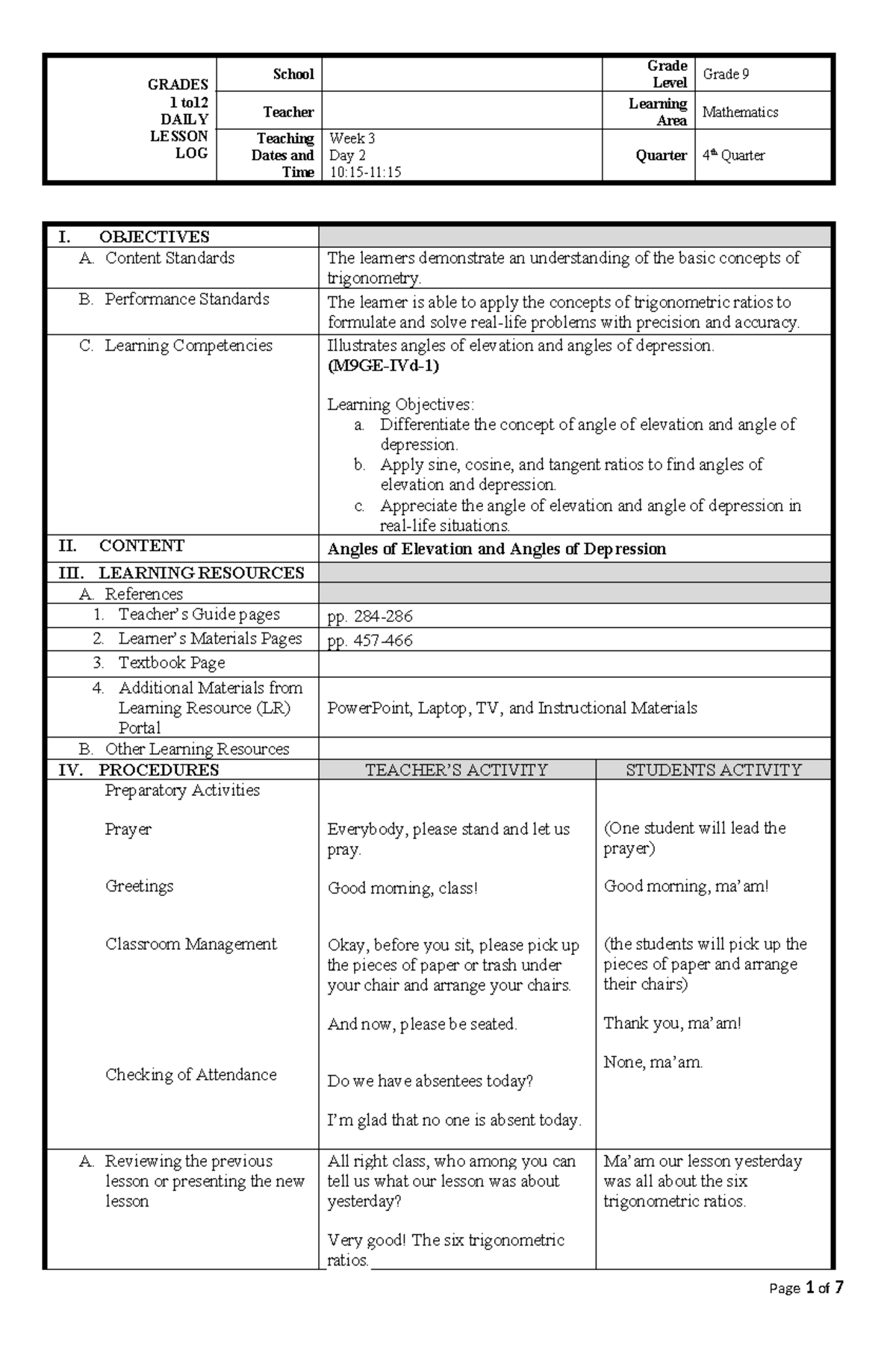 Lesson PLAN for DEMO - GRADES 1 to DAILY LESSON LOG School Grade Level ...
