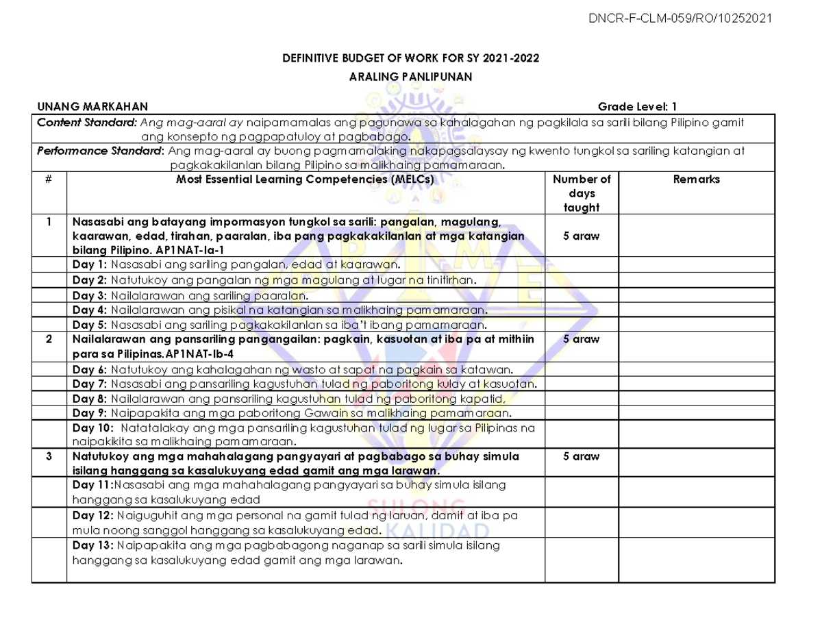 AP-DBOW - Dbow - DEFINITIVE BUDGET OF WORK FOR SY 2021- ARALING ...