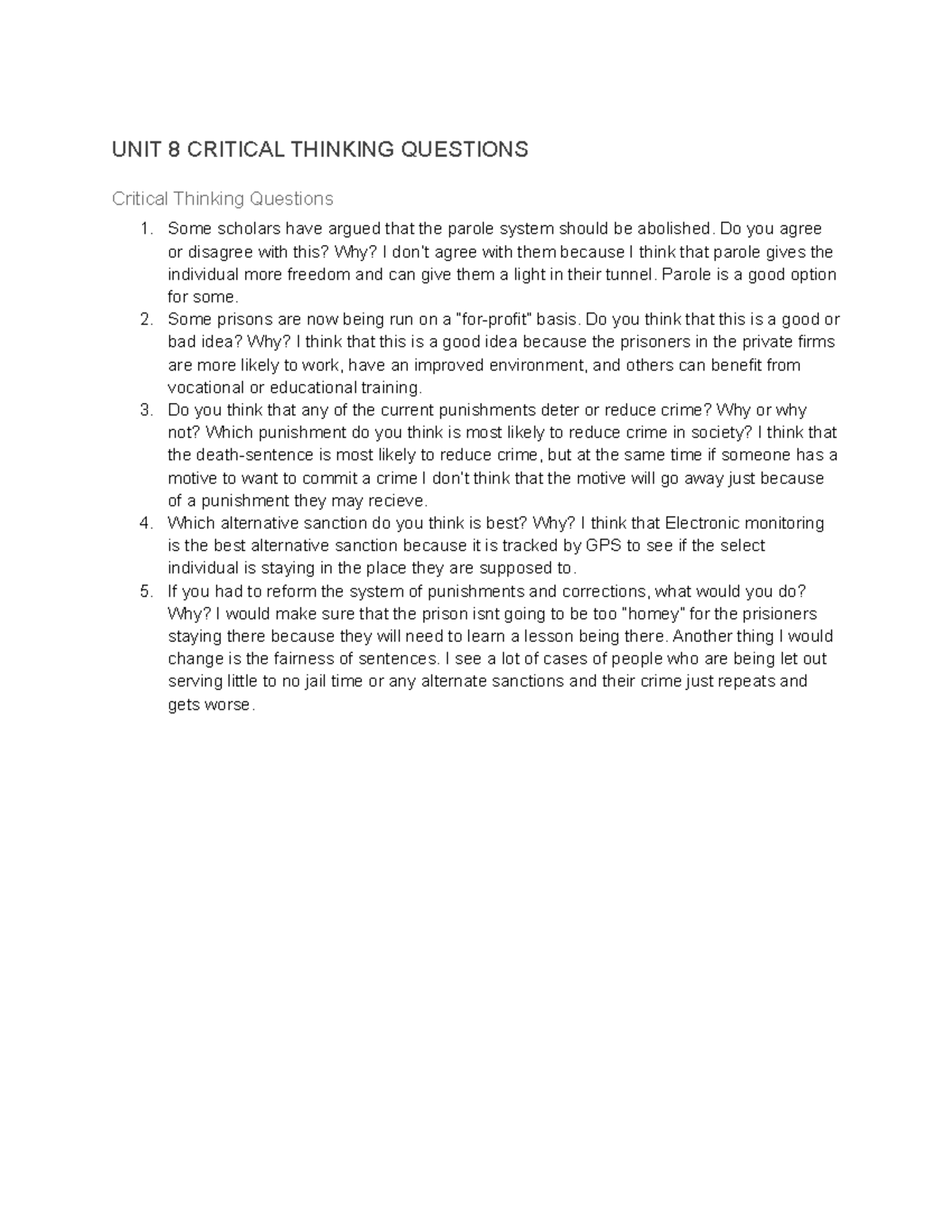 unit 8 critical thinking questions criminology